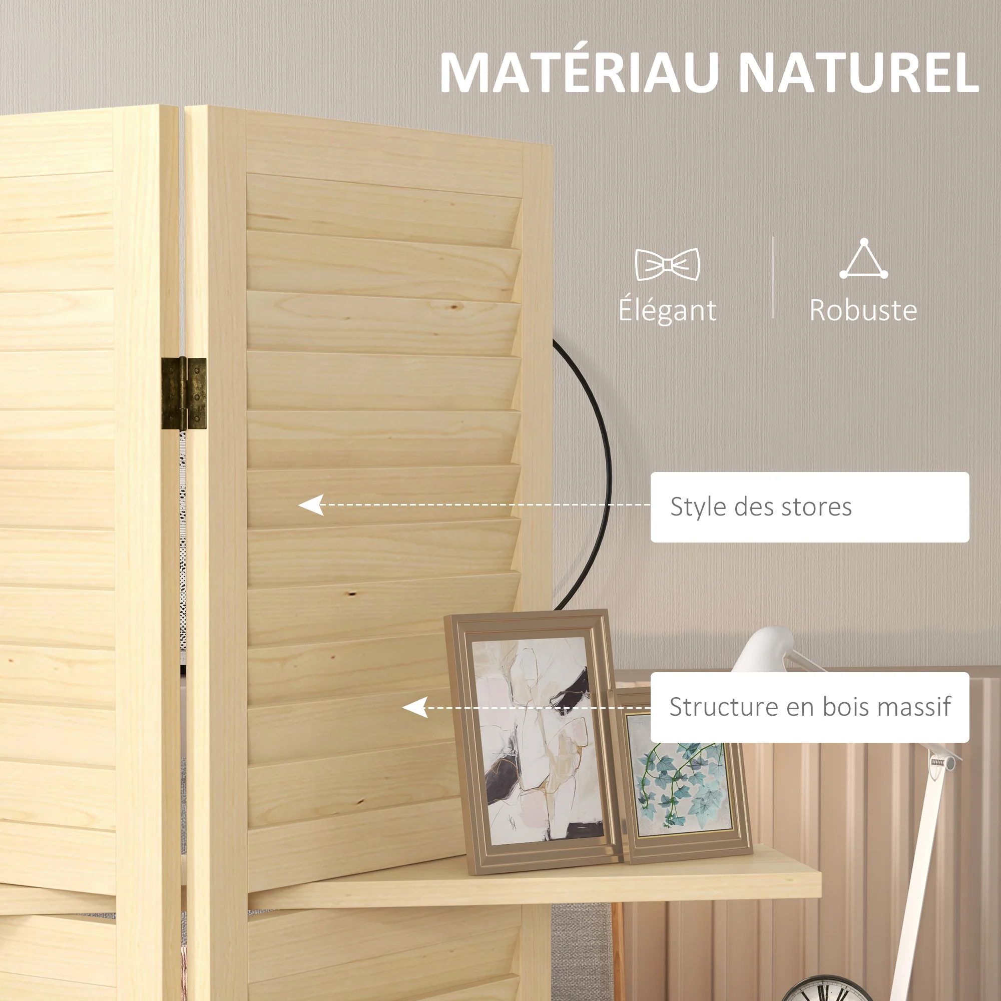Paravent intérieur en bois 4 panneaux 160 x 170 cm, séparateur de pièce pliable avec 3 étagères, cloison de séparation pour salon, chambre à coucher, maison, naturel - Image 7