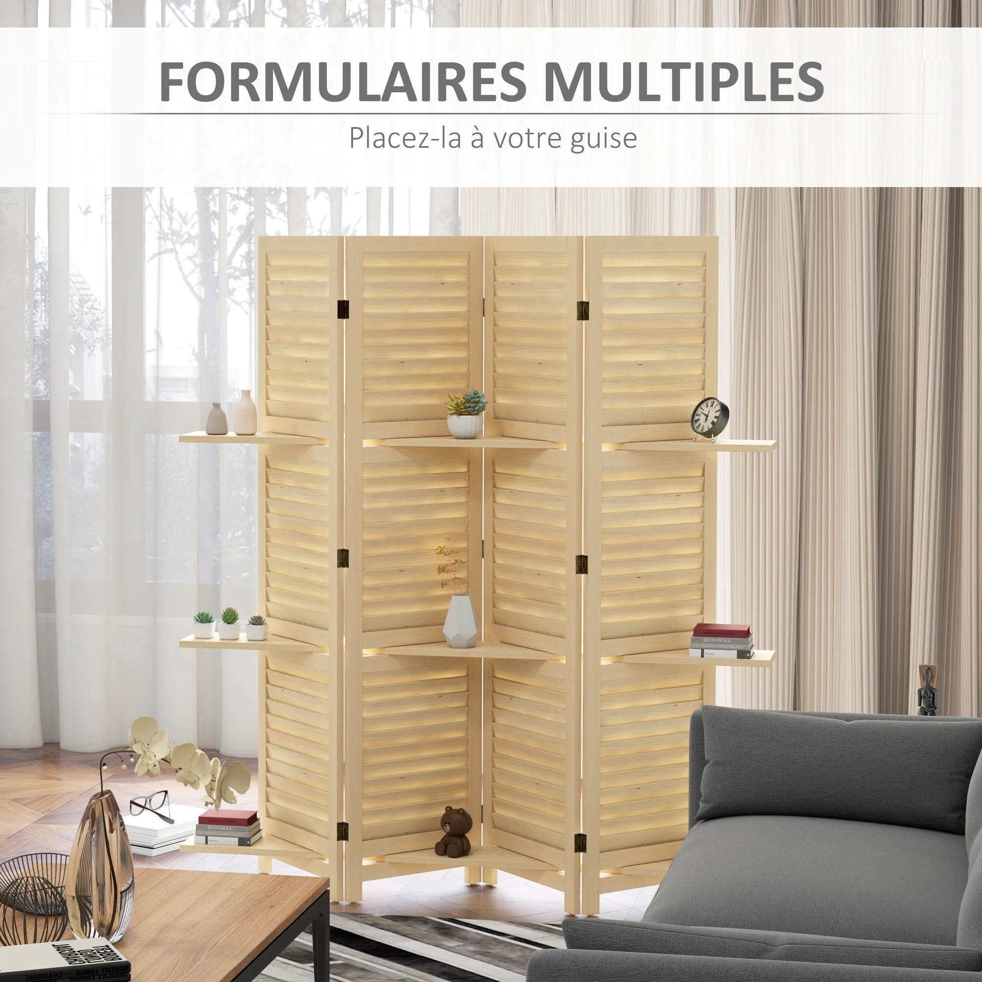 Paravent intérieur en bois 4 panneaux 160 x 170 cm, séparateur de pièce pliable avec 3 étagères, cloison de séparation pour salon, chambre à coucher, maison, naturel - Image 8
