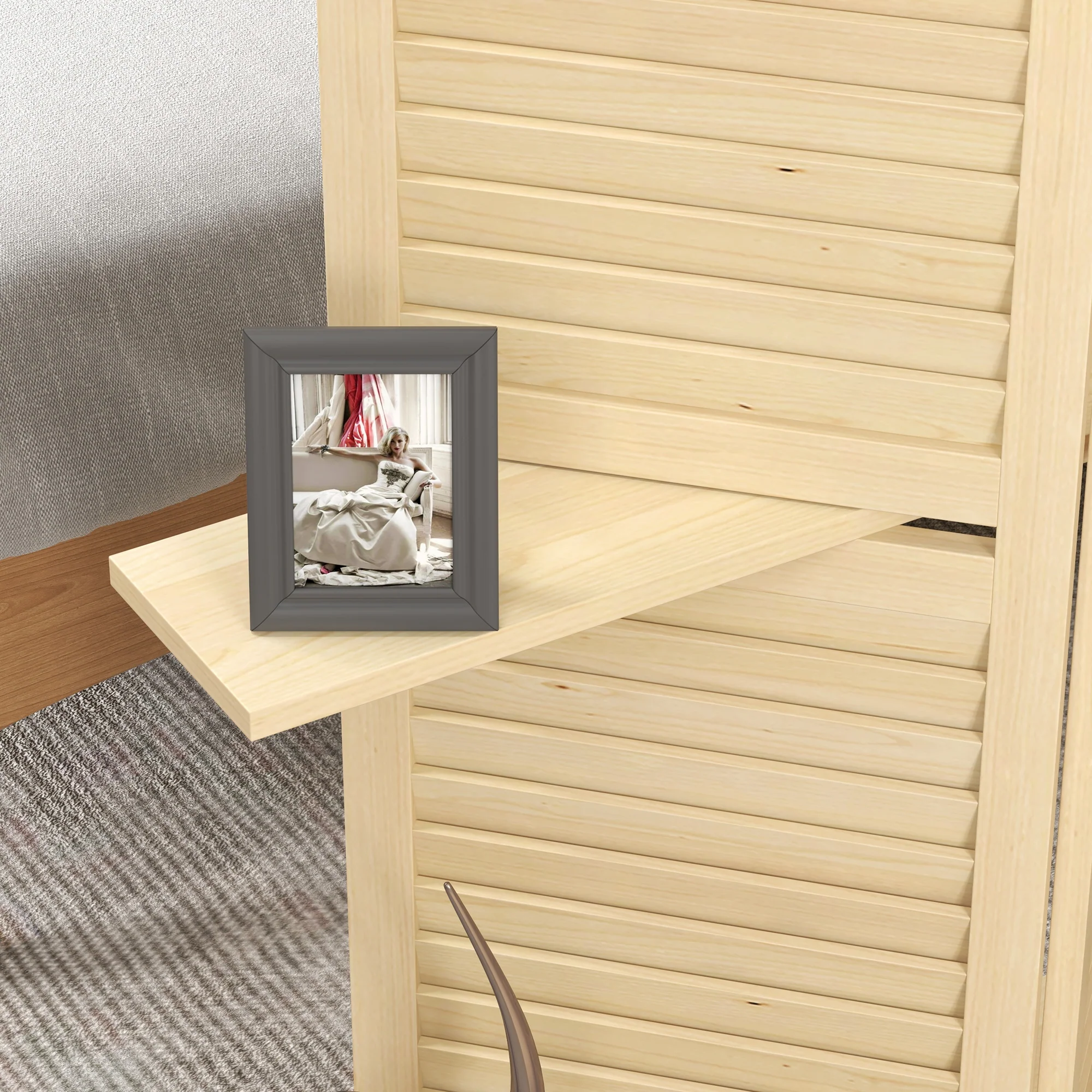 Paravent intérieur en bois 4 panneaux 160 x 170 cm, séparateur de pièce pliable avec 3 étagères, cloison de séparation pour salon, chambre à coucher, maison, naturel - Image 9