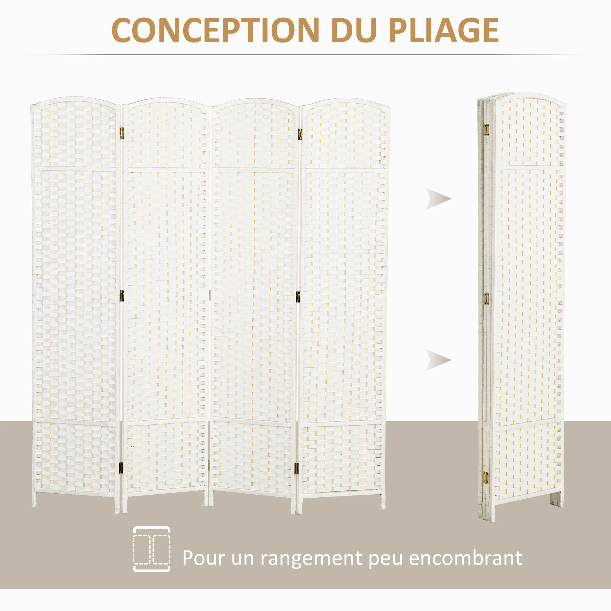 Paravent interieur en bois 4 panneaux 160 x 170 cm séparateur de pièce pliable avec finition tissée, closion de séparation pour salon, chambre à coucher, maison, blanc - Image 6
