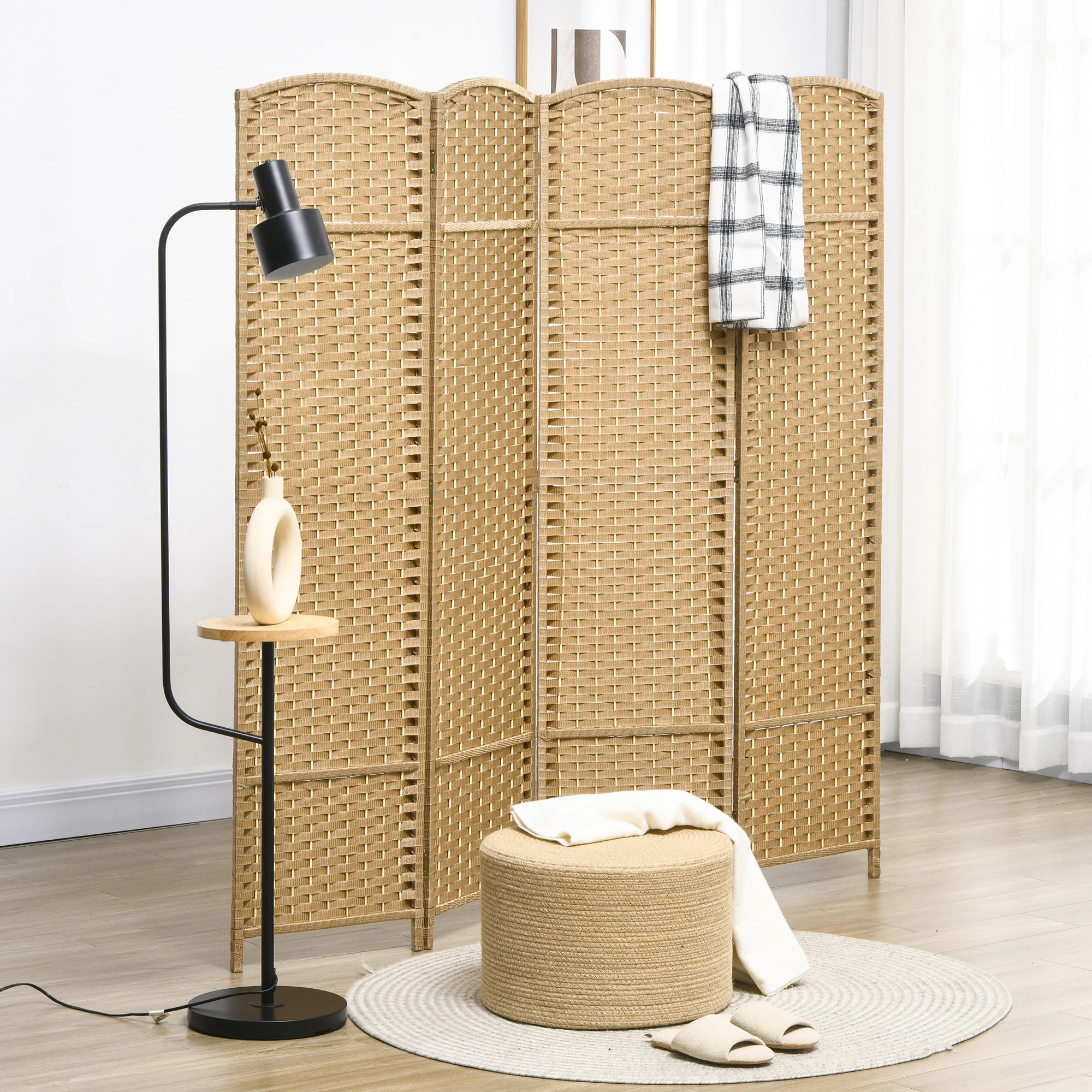 Paravent interieur en bois 4 panneaux 160 x 170 cm séparateur de pièce pliable avec finition tissée, closion de séparation pour salon, chambre à coucher, maison, bois naturel - Image 3