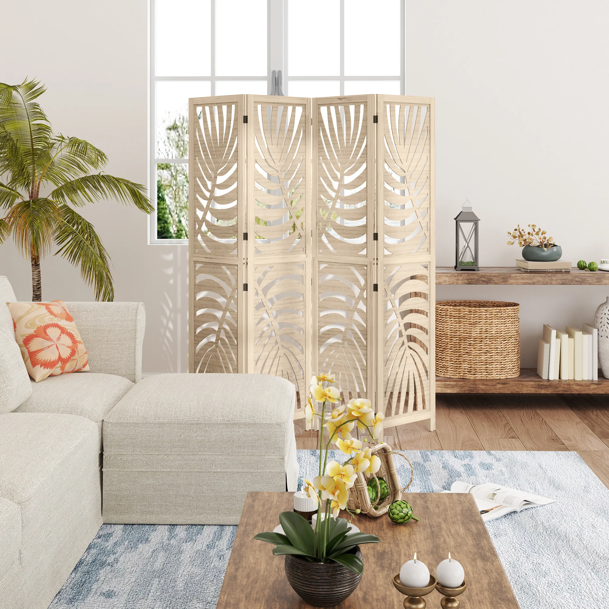 Paravent interieur en bois 4 panneaux 160 x 170 cm séparateur de pièce pliable et portable, motif de feuille, cloison de séparation amovible pour salon chambre à coucher maison, bois naturel - Image 10