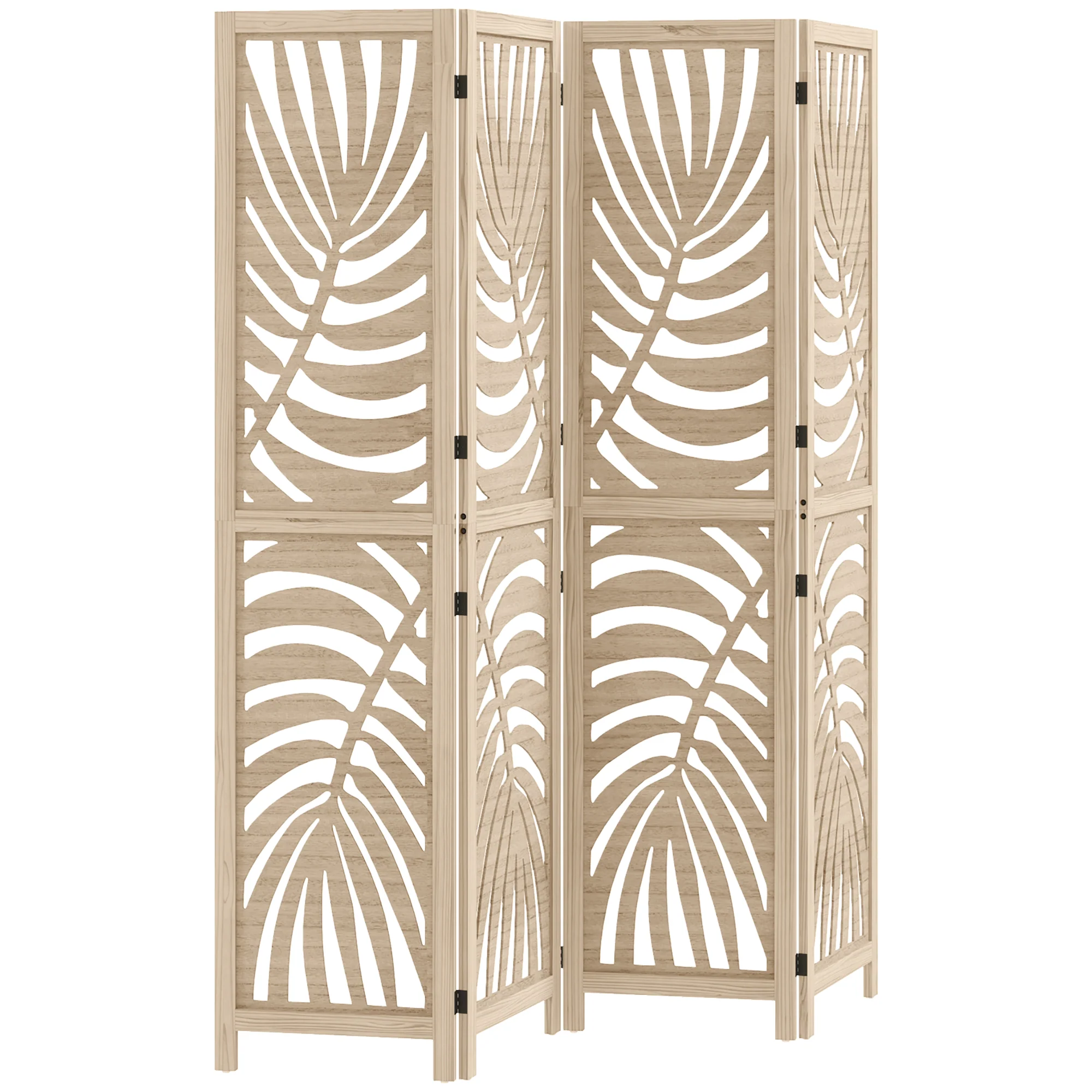 Paravent interieur en bois 4 panneaux 160 x 170 cm séparateur de pièce pliable et portable, motif de feuille, cloison de séparation amovible pour salon chambre à coucher maison, bois naturel - Image 11