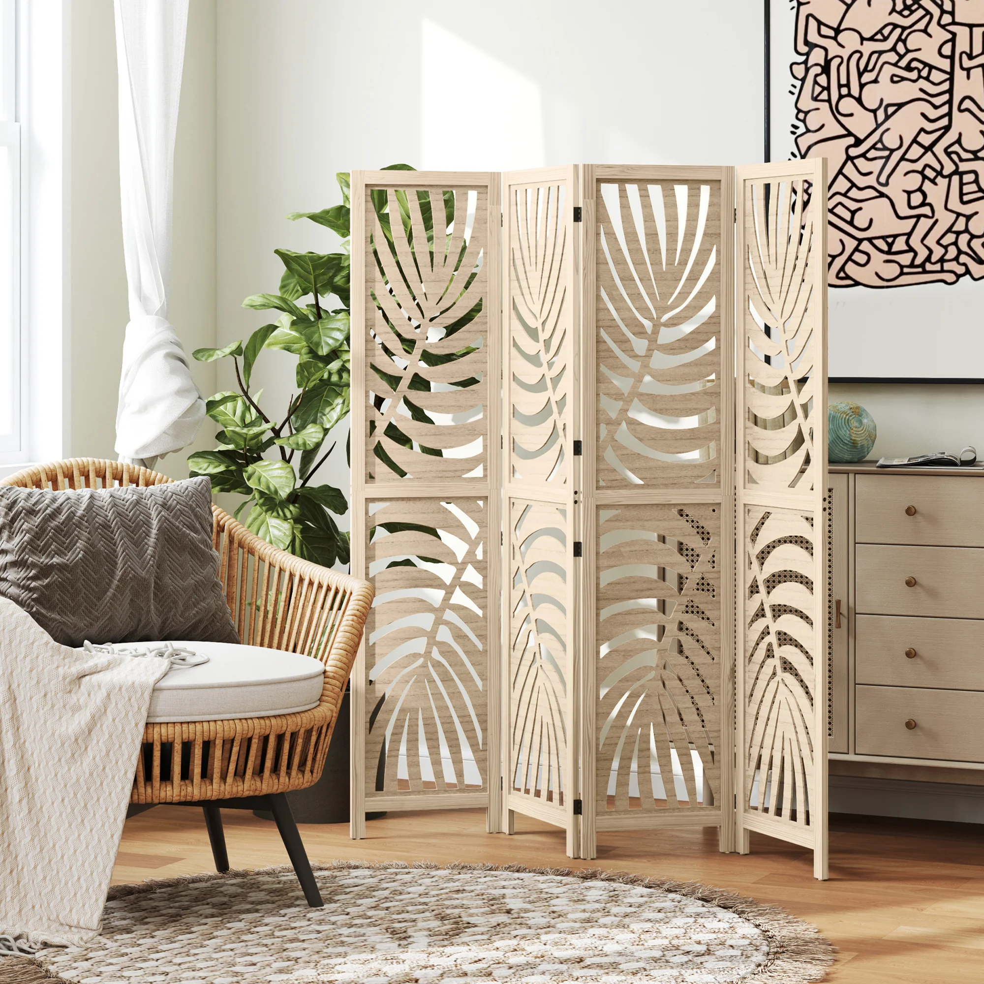 Paravent interieur en bois 4 panneaux 160 x 170 cm séparateur de pièce pliable et portable, motif de feuille, cloison de séparation amovible pour salon chambre à coucher maison, bois naturel - Image 3