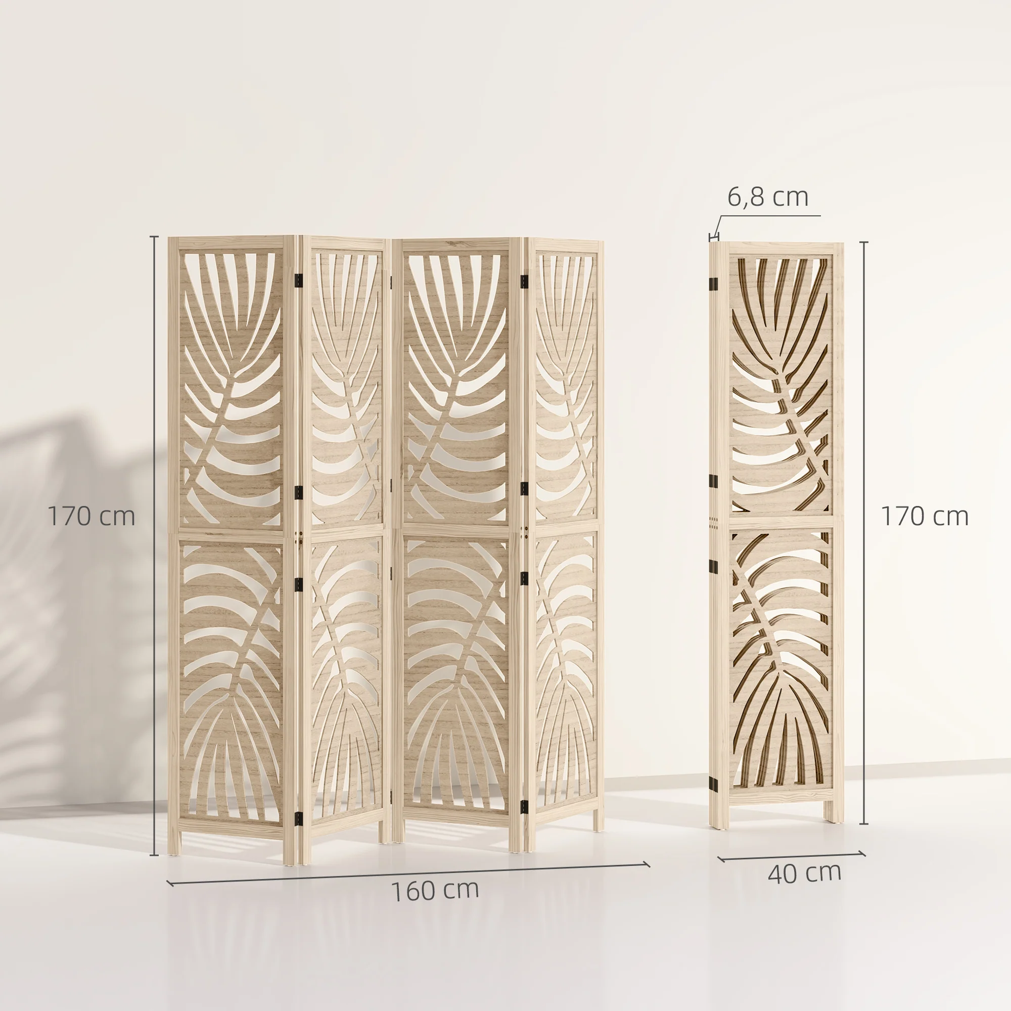 Paravent interieur en bois 4 panneaux 160 x 170 cm séparateur de pièce pliable et portable, motif de feuille, cloison de séparation amovible pour salon chambre à coucher maison, bois naturel - Image 4