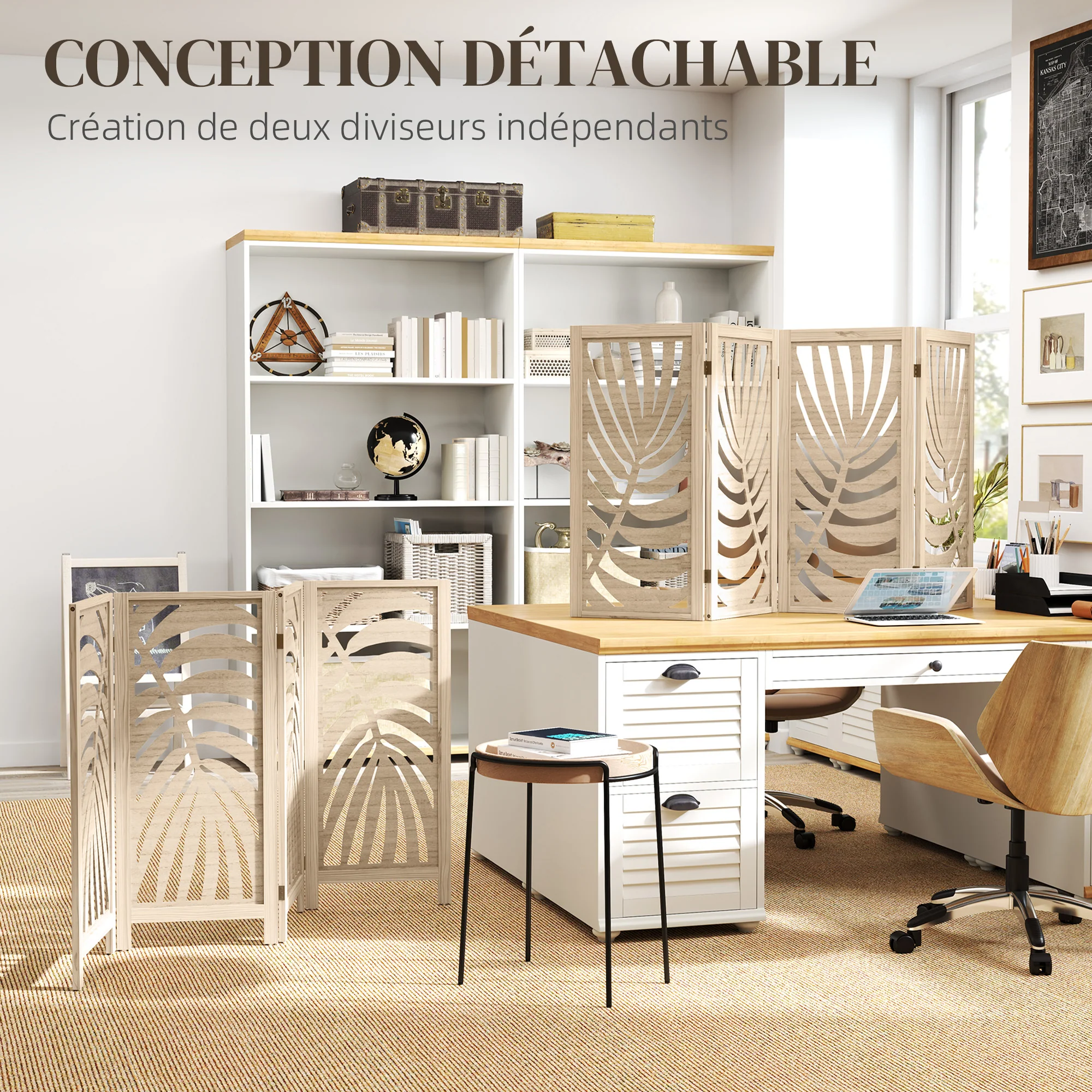 Paravent interieur en bois 4 panneaux 160 x 170 cm séparateur de pièce pliable et portable, motif de feuille, cloison de séparation amovible pour salon chambre à coucher maison, bois naturel - Image 5