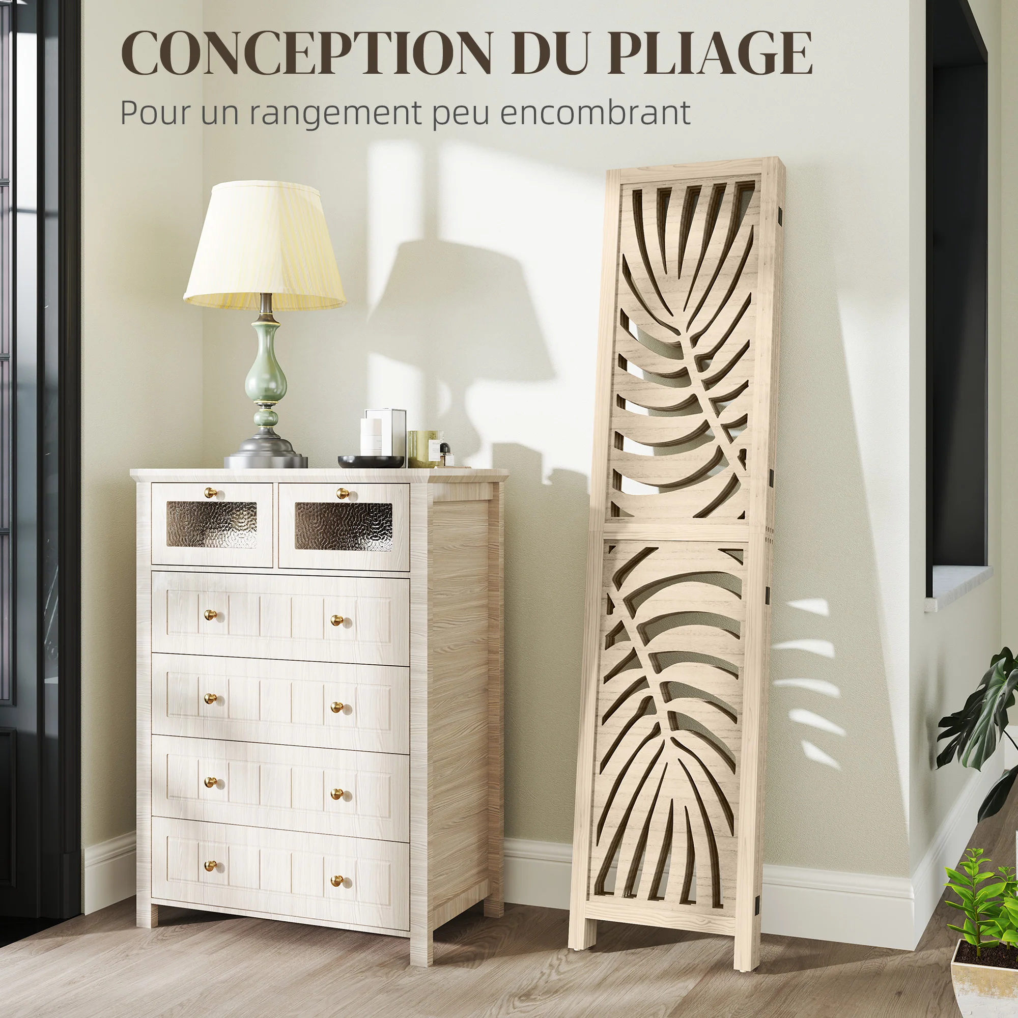 Paravent interieur en bois 4 panneaux 160 x 170 cm séparateur de pièce pliable et portable, motif de feuille, cloison de séparation amovible pour salon chambre à coucher maison, bois naturel - Image 6