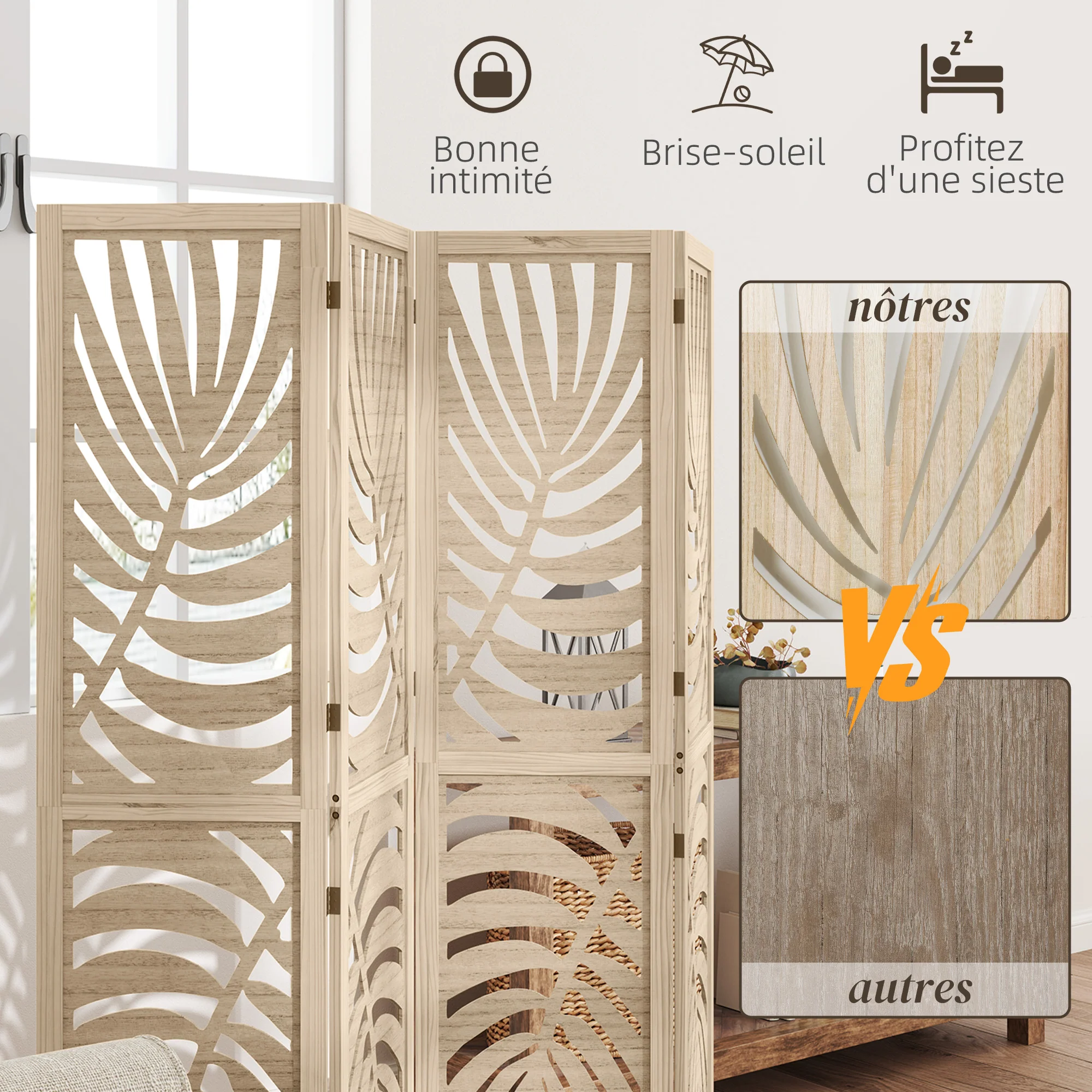 Paravent interieur en bois 4 panneaux 160 x 170 cm séparateur de pièce pliable et portable, motif de feuille, cloison de séparation amovible pour salon chambre à coucher maison, bois naturel - Image 7