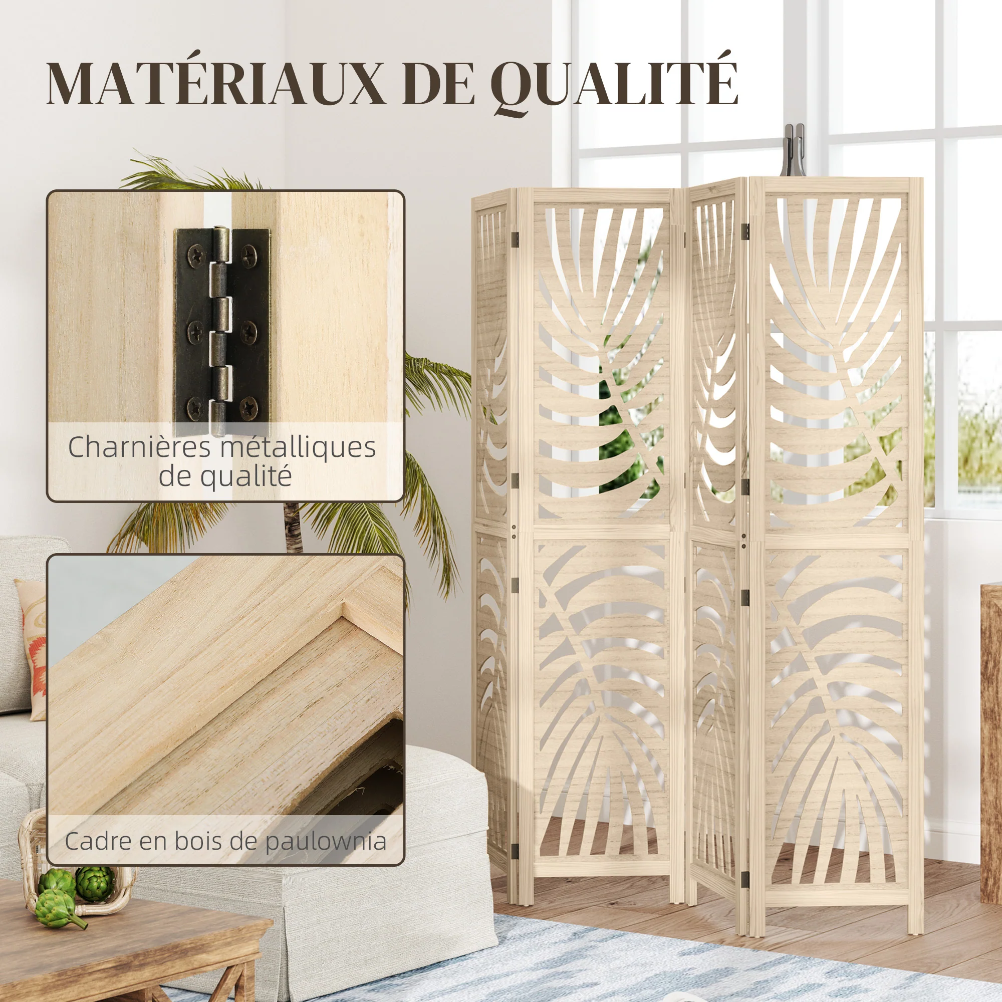 Paravent interieur en bois 4 panneaux 160 x 170 cm séparateur de pièce pliable et portable, motif de feuille, cloison de séparation amovible pour salon chambre à coucher maison, bois naturel - Image 8