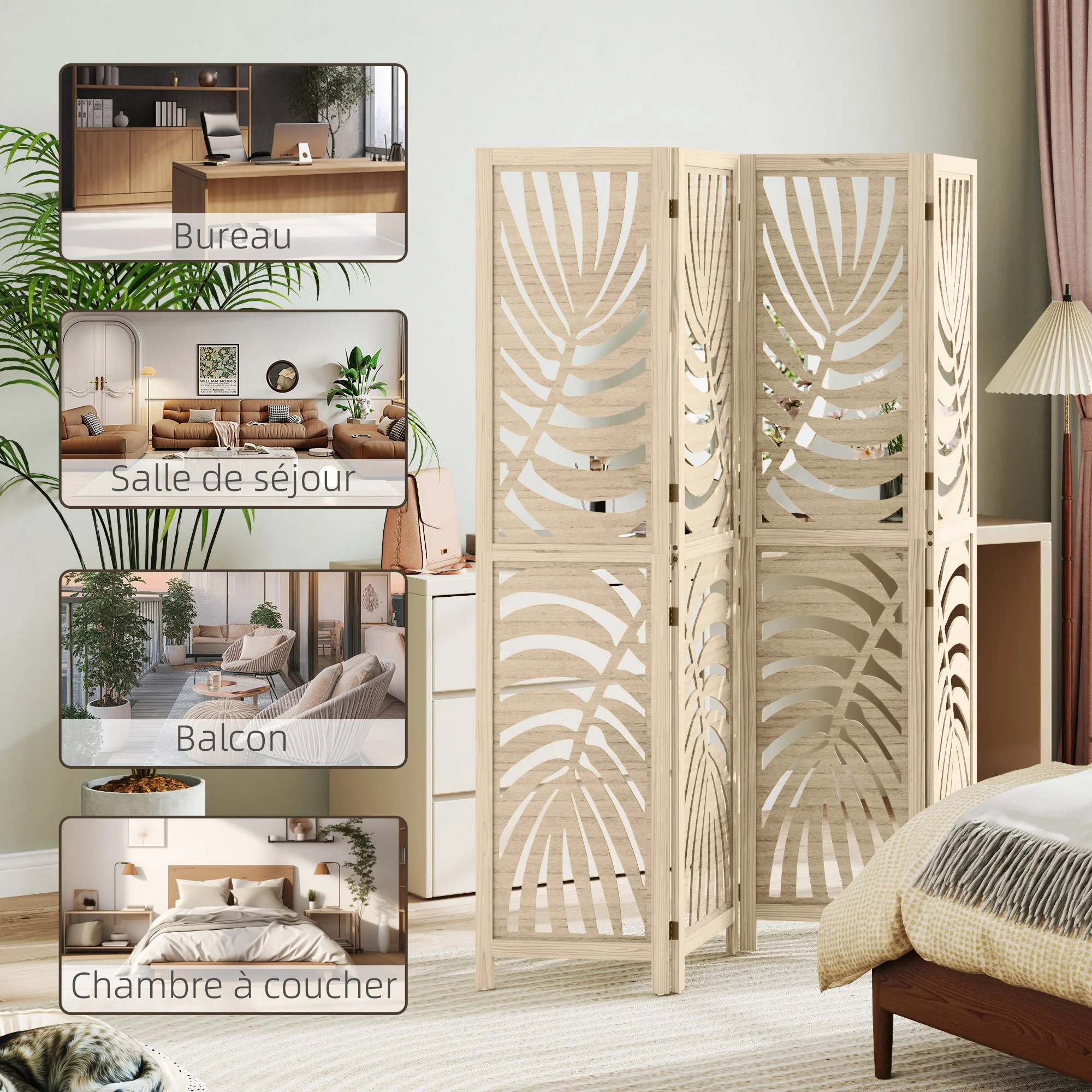 Paravent interieur en bois 4 panneaux 160 x 170 cm séparateur de pièce pliable et portable, motif de feuille, cloison de séparation amovible pour salon chambre à coucher maison, bois naturel - Image 9