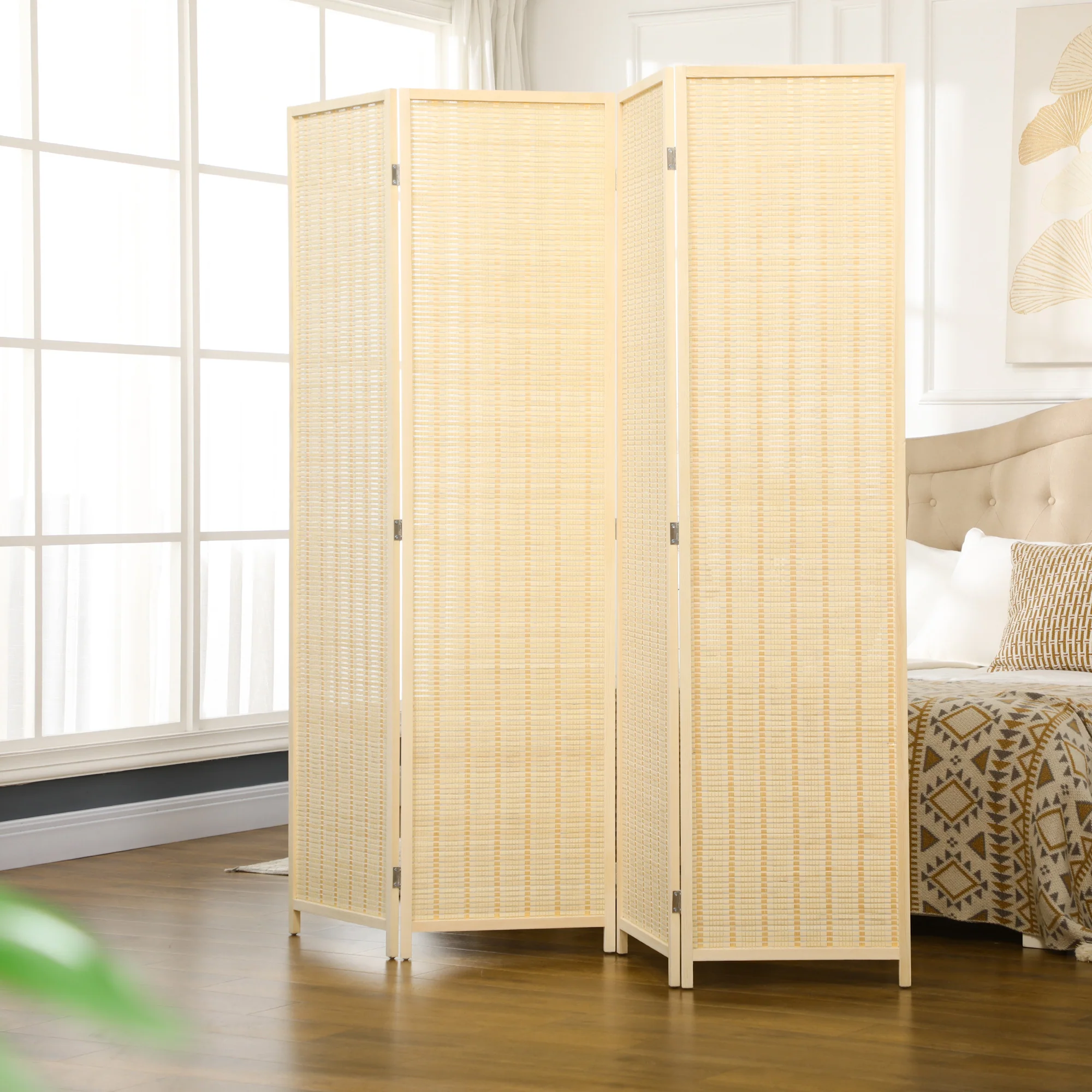Paravent interieur en bois 4 panneaux 180 x 180 cm séparateur de pièce pliable cloison de séparation pour salon chambre à coucher maison, bois naturel - Image 3