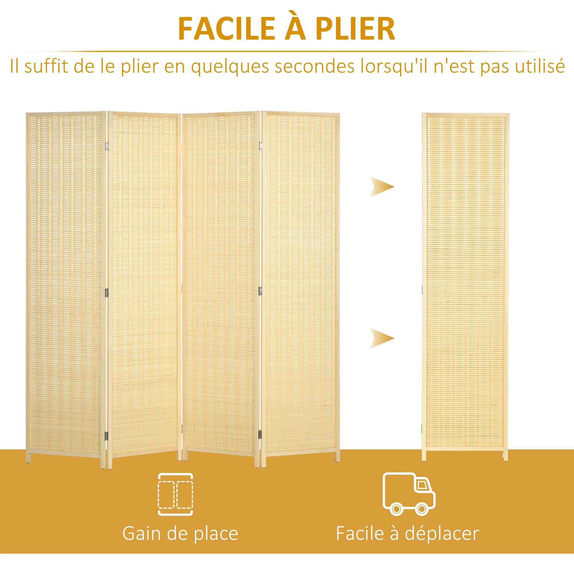 Paravent interieur en bois 4 panneaux 180 x 180 cm séparateur de pièce pliable cloison de séparation pour salon chambre à coucher maison, bois naturel - Image 7
