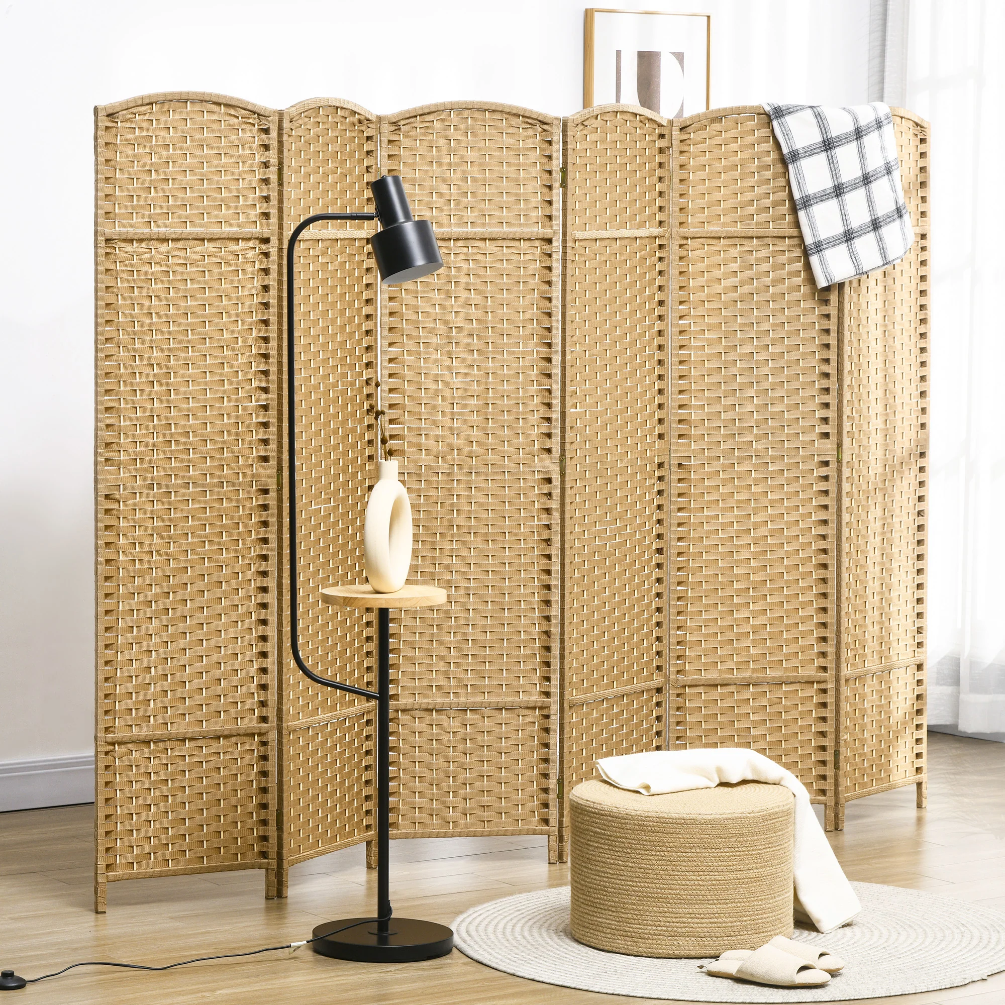 Paravent interieur en bois 6 panneaux 240 x 170 cm séparateur de pièce pliable avec finition tissée, closion de séparation pour salon, chambre à coucher, maison, bois naturel - Image 3