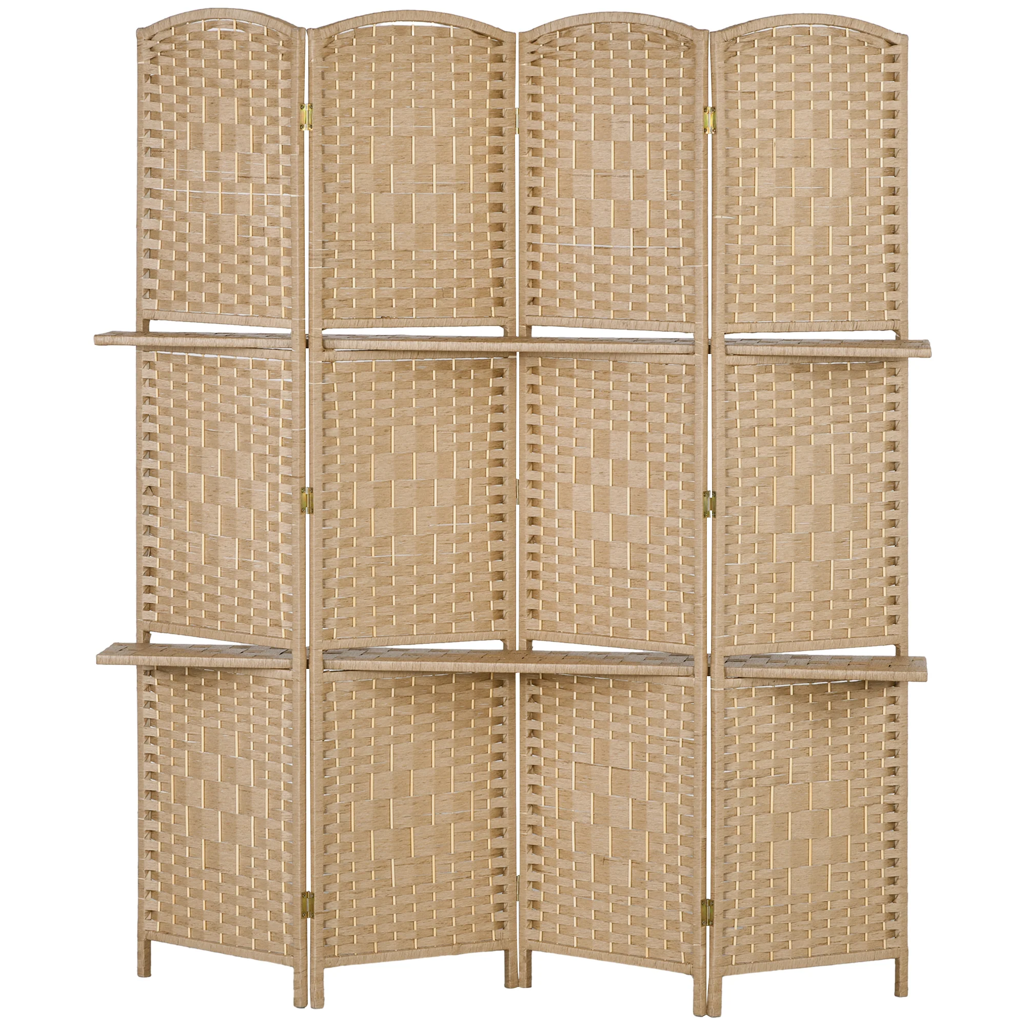 Paravent séparateur de pièce 4 panneaux 160 x170 cm avec 2 étagères, pliable, en bois pour le bureau, salon, chambre, bois naturel