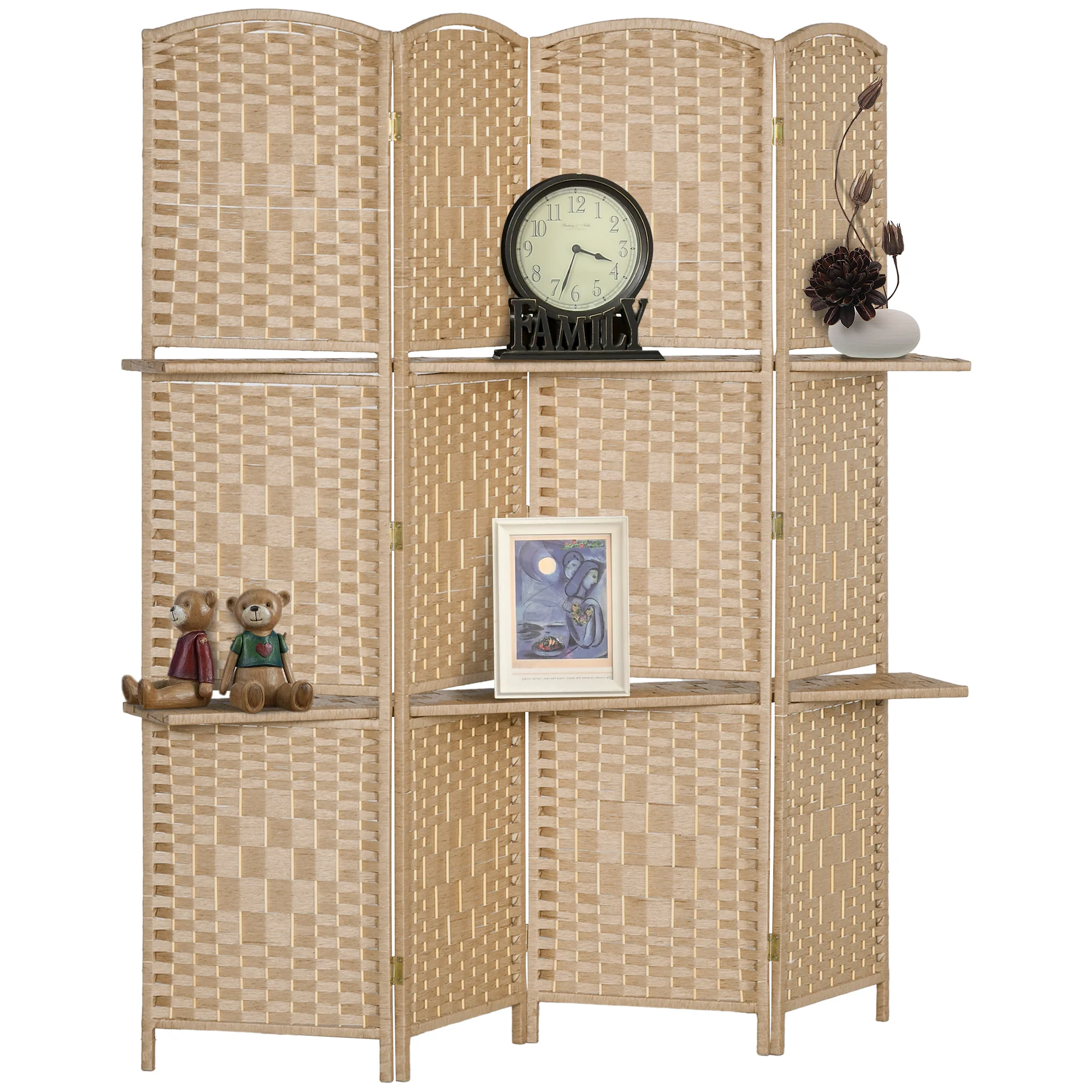 Paravent séparateur de pièce 4 panneaux 160 x170 cm avec 2 étagères, pliable, en bois pour le bureau, salon, chambre, bois naturel - Image 11