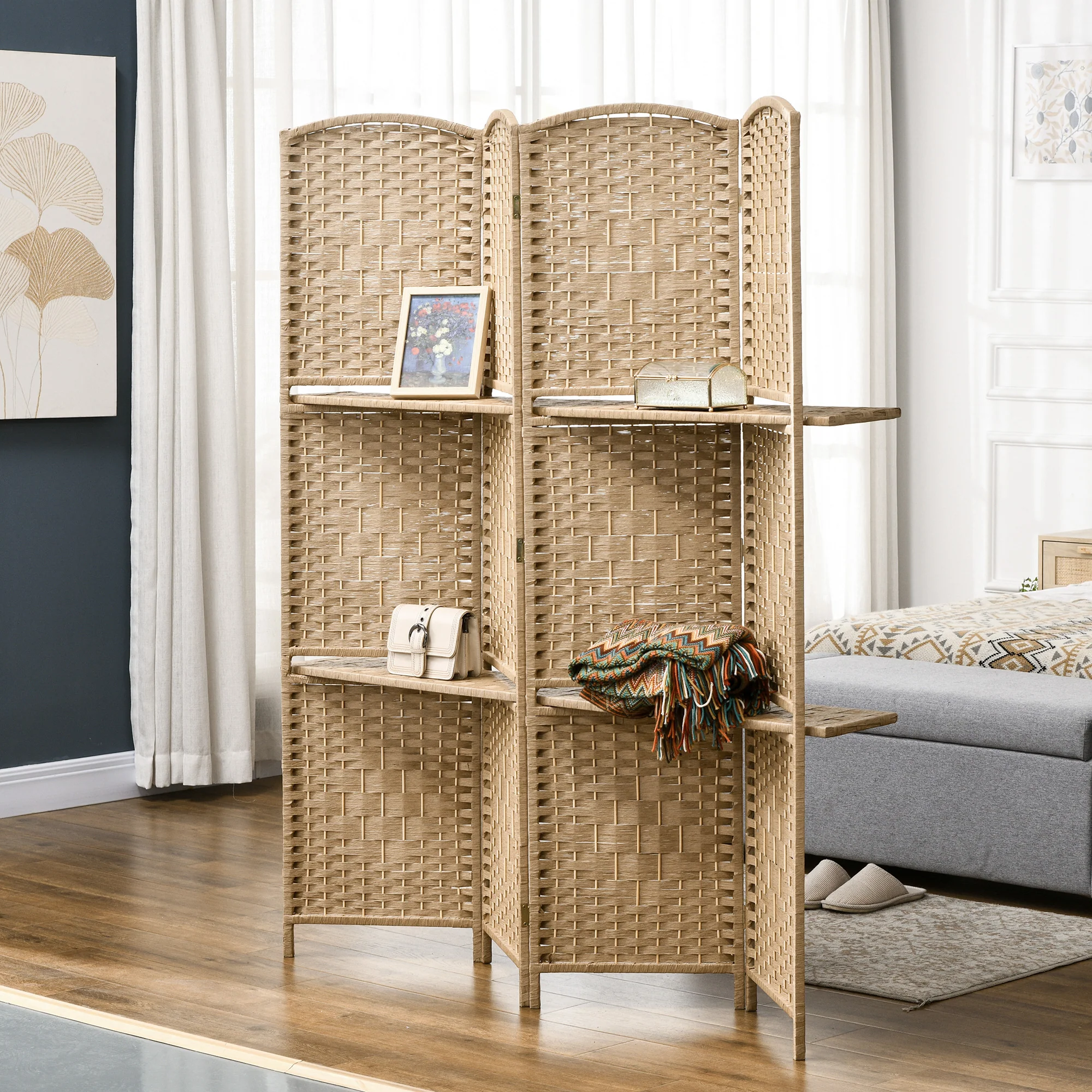 Paravent séparateur de pièce 4 panneaux 160 x170 cm avec 2 étagères, pliable, en bois pour le bureau, salon, chambre, bois naturel - Image 3