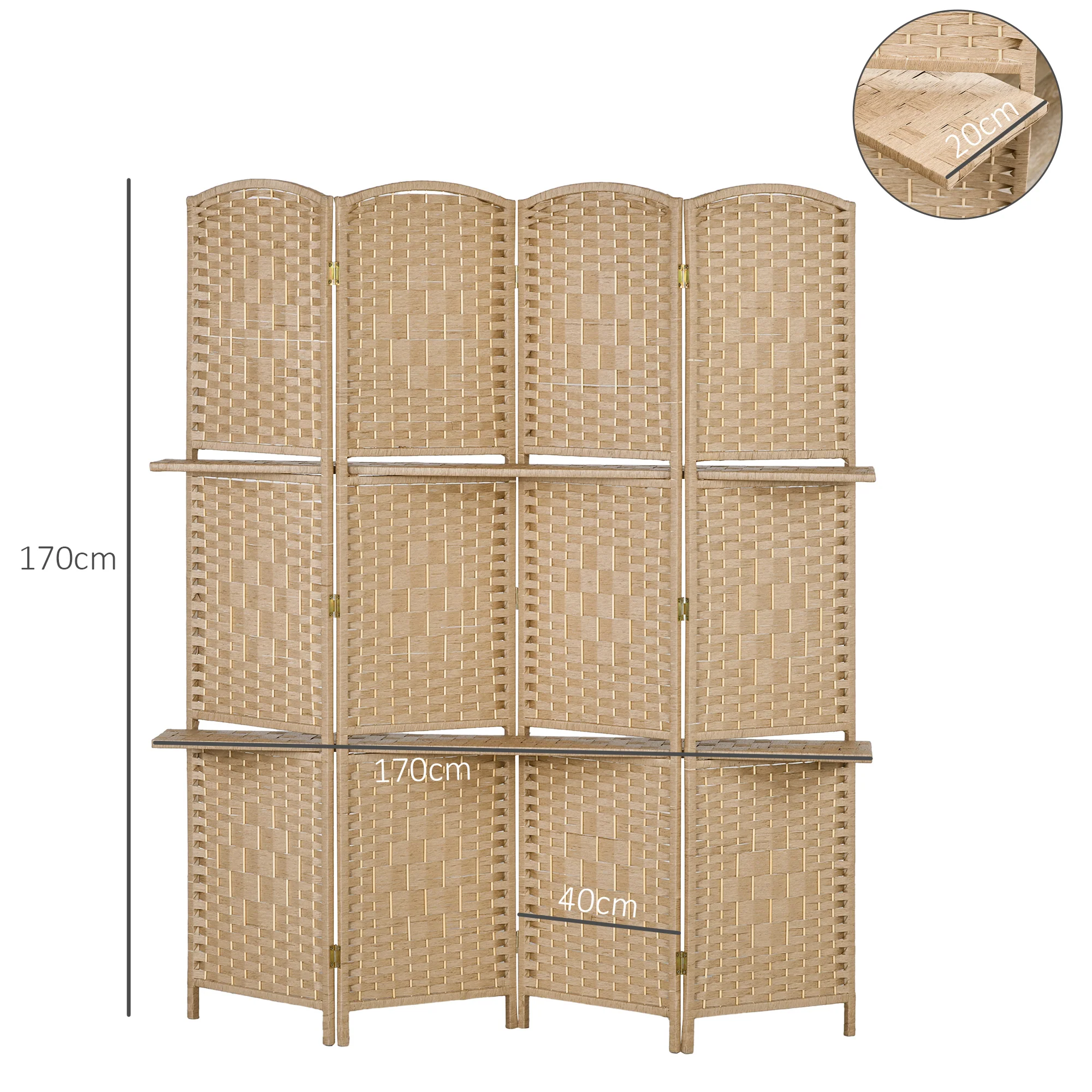 Paravent séparateur de pièce 4 panneaux 160 x170 cm avec 2 étagères, pliable, en bois pour le bureau, salon, chambre, bois naturel - Image 4