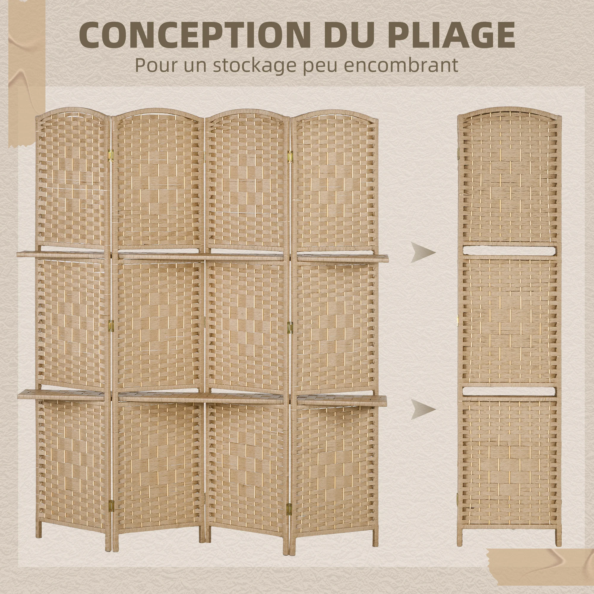 Paravent séparateur de pièce 4 panneaux 160 x170 cm avec 2 étagères, pliable, en bois pour le bureau, salon, chambre, bois naturel - Image 5