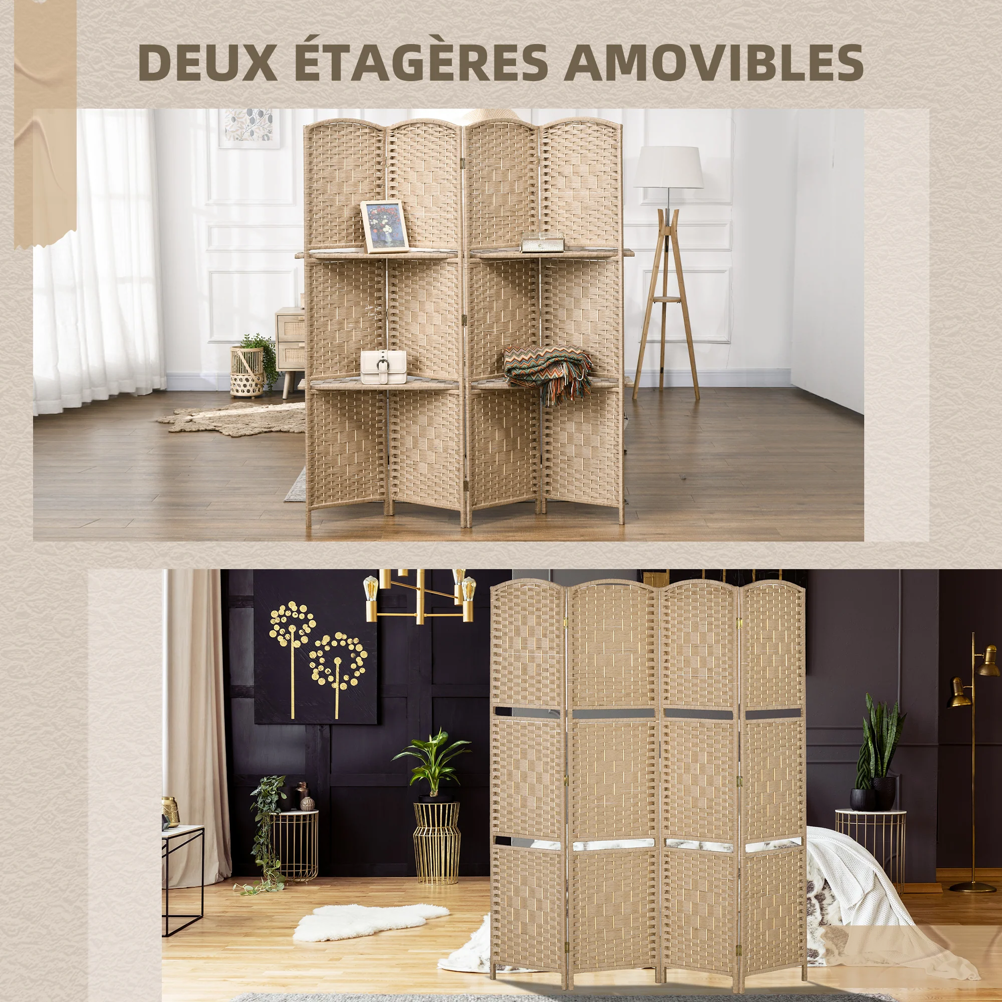 Paravent séparateur de pièce 4 panneaux 160 x170 cm avec 2 étagères, pliable, en bois pour le bureau, salon, chambre, bois naturel - Image 6