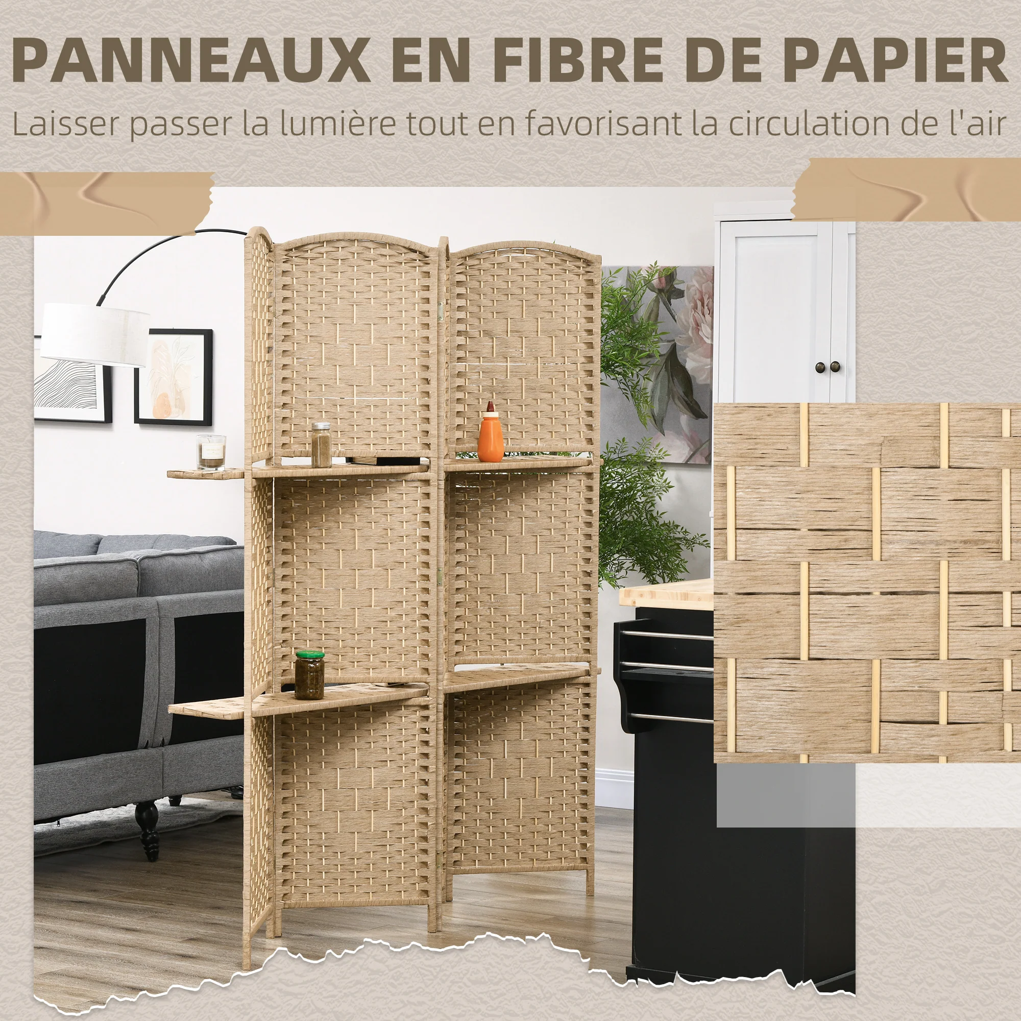 Paravent séparateur de pièce 4 panneaux 160 x170 cm avec 2 étagères, pliable, en bois pour le bureau, salon, chambre, bois naturel - Image 7