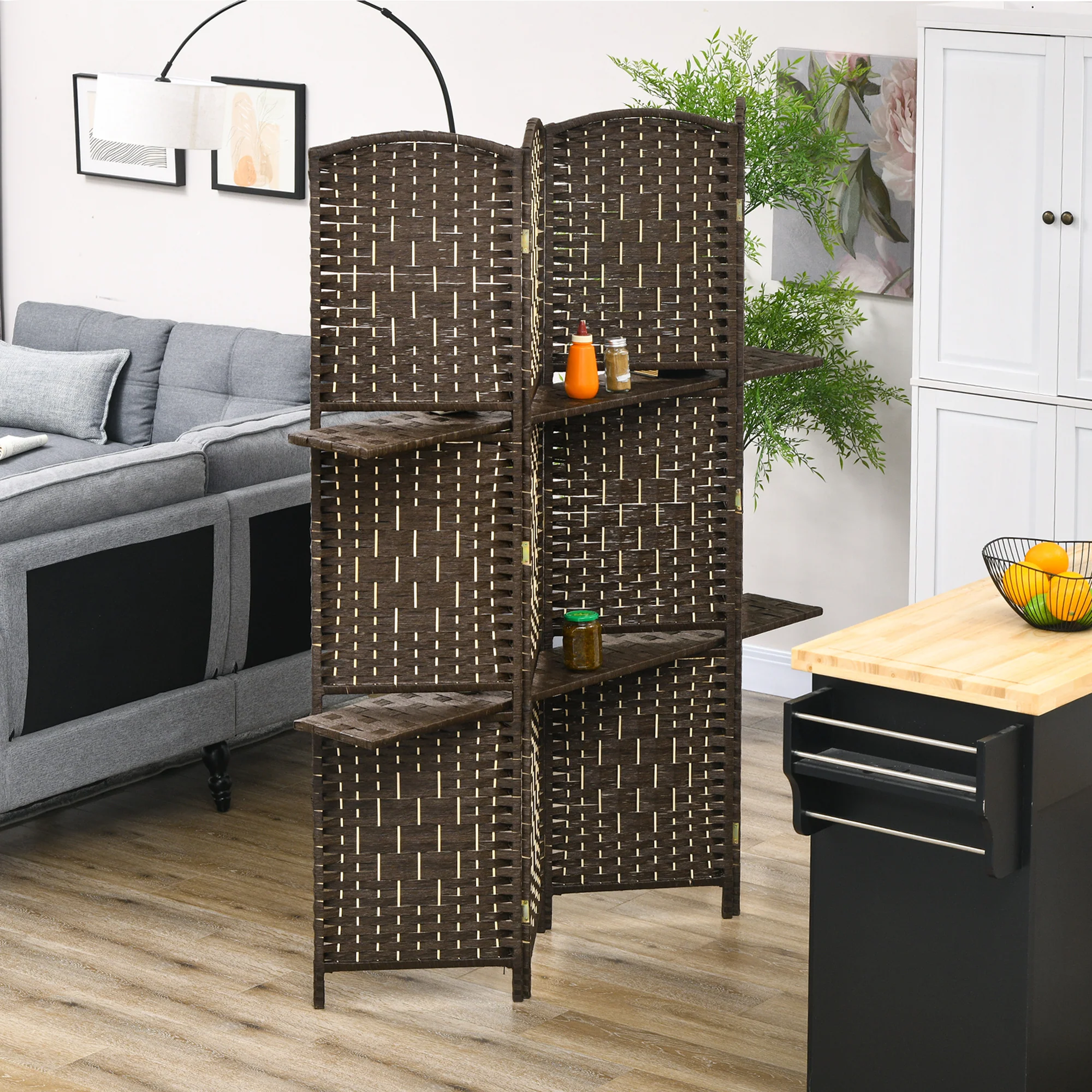 Paravent séparateur de pièce 4 panneaux 160 x170 cm avec 2 étagères, pliable, en bois pour le bureau, salon, chambre, marron - Image 3