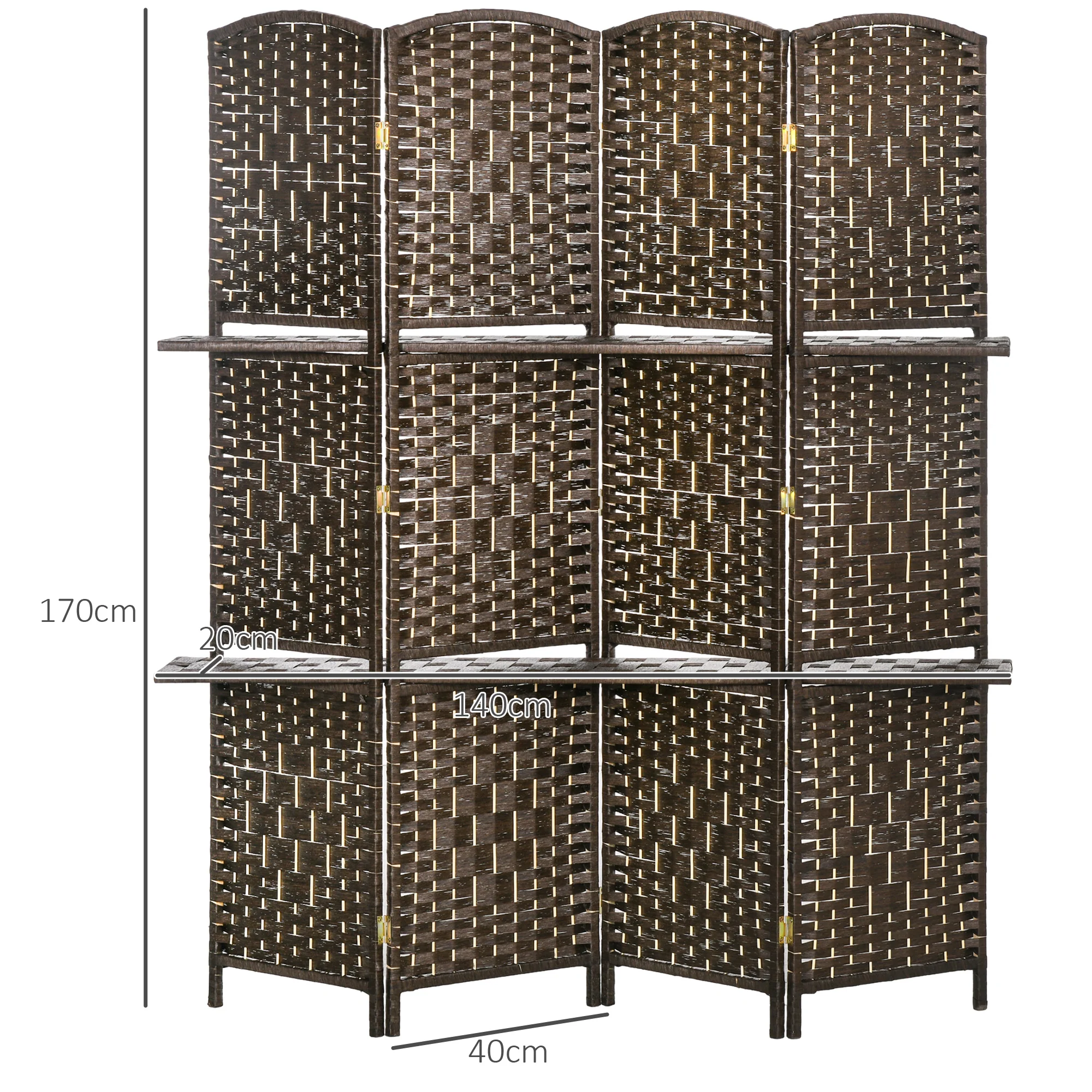 Paravent séparateur de pièce 4 panneaux 160 x170 cm avec 2 étagères, pliable, en bois pour le bureau, salon, chambre, marron - Image 4