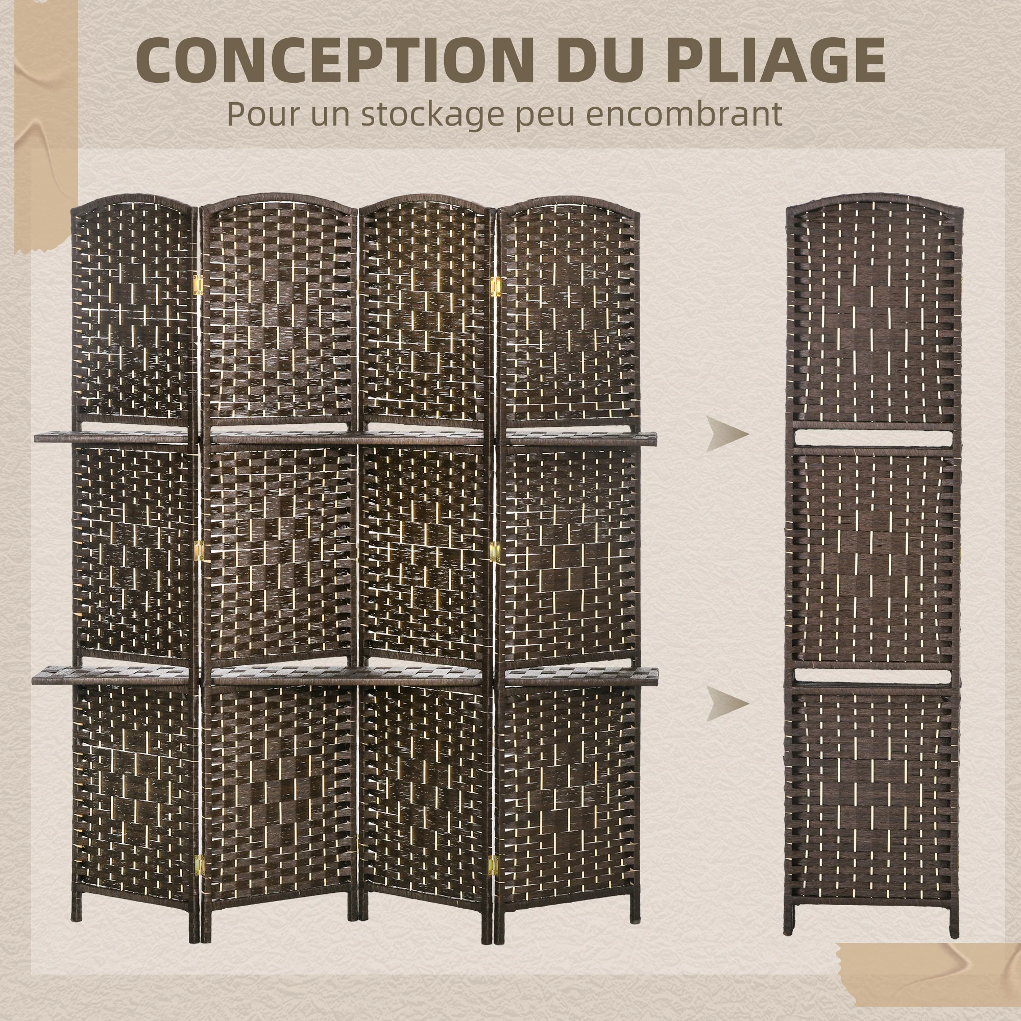 Paravent séparateur de pièce 4 panneaux 160 x170 cm avec 2 étagères, pliable, en bois pour le bureau, salon, chambre, marron - Image 5