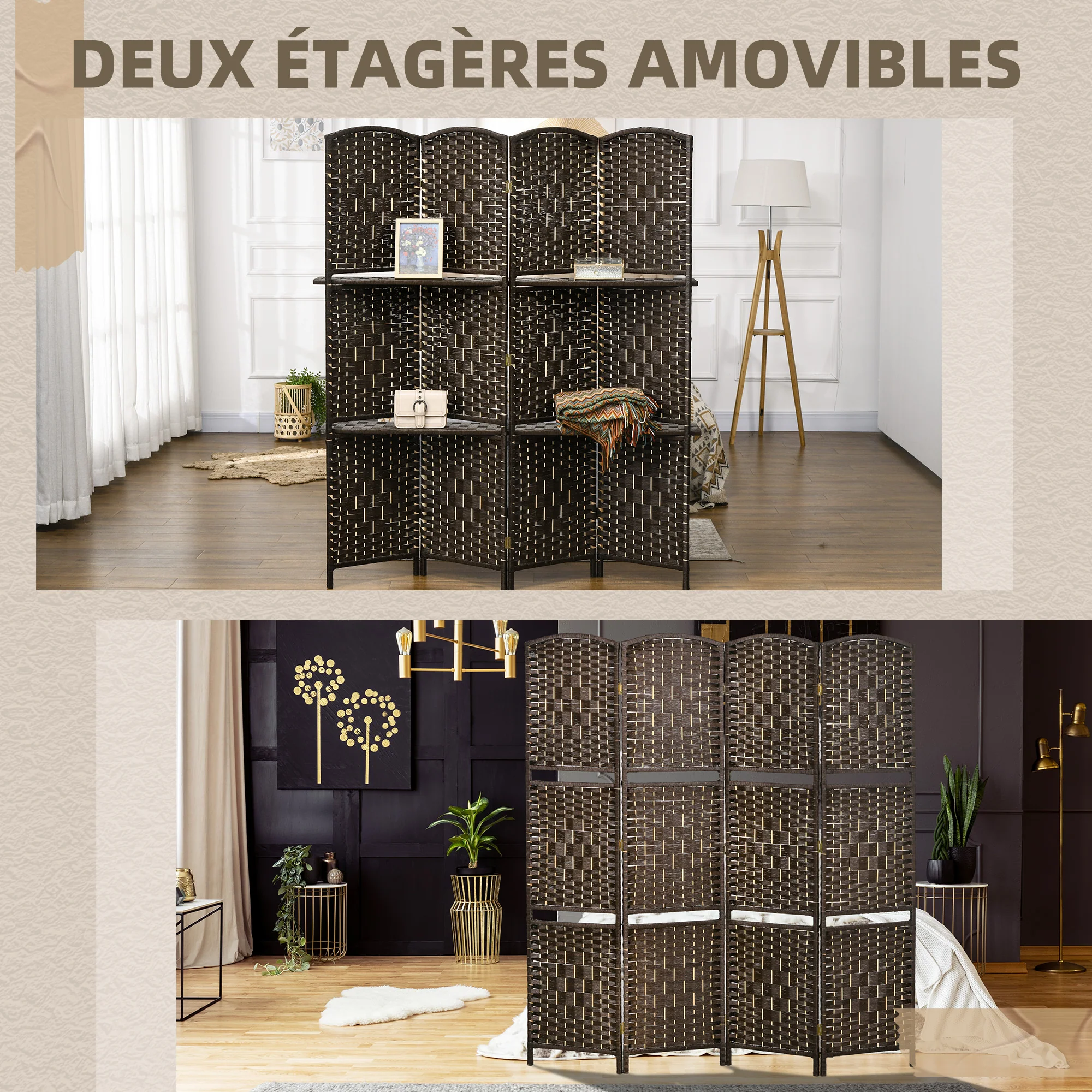 Paravent séparateur de pièce 4 panneaux 160 x170 cm avec 2 étagères, pliable, en bois pour le bureau, salon, chambre, marron - Image 6