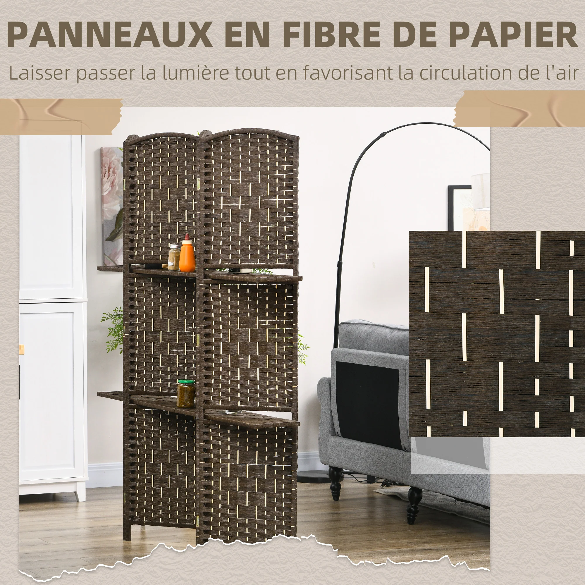 Paravent séparateur de pièce 4 panneaux 160 x170 cm avec 2 étagères, pliable, en bois pour le bureau, salon, chambre, marron - Image 7