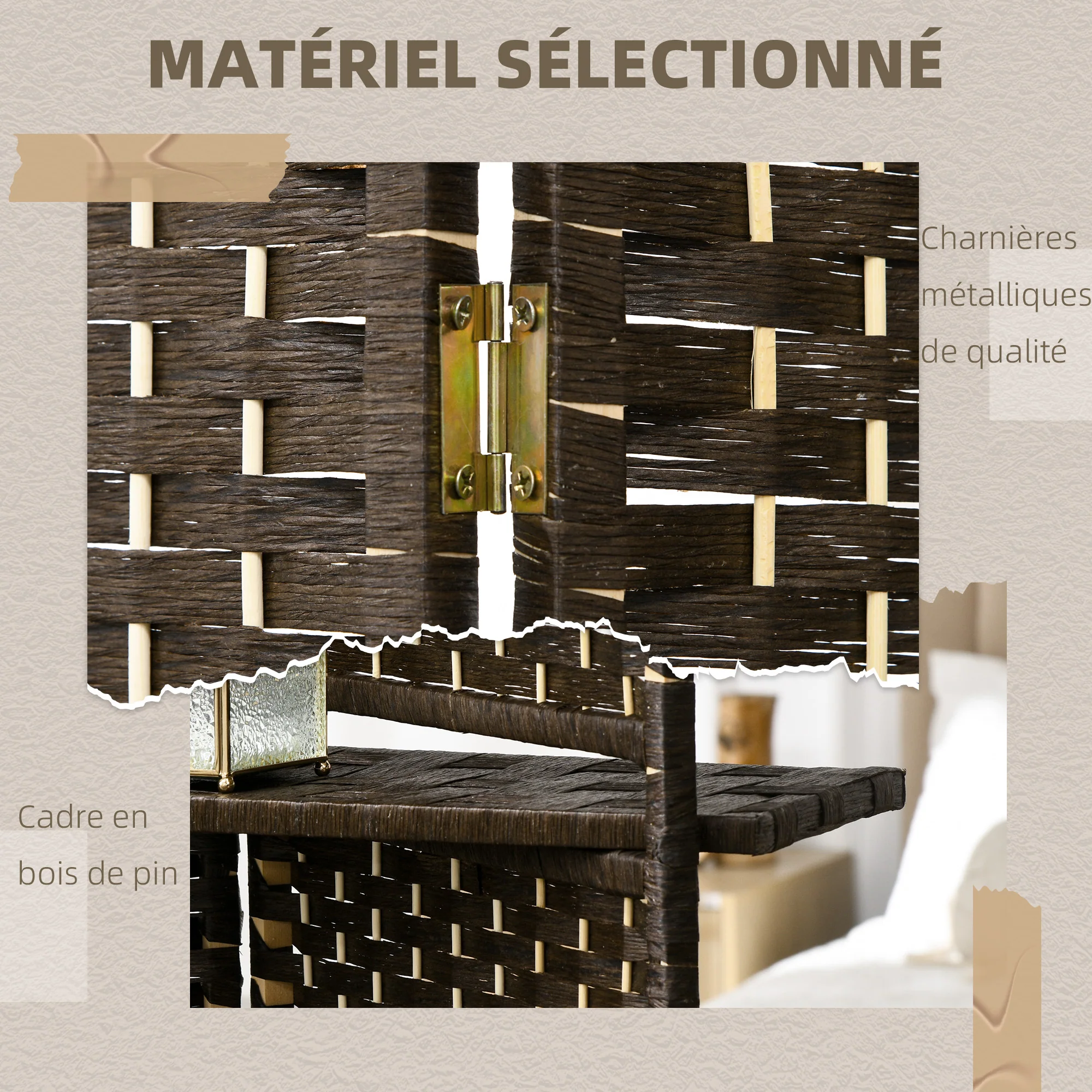 Paravent séparateur de pièce 4 panneaux 160 x170 cm avec 2 étagères, pliable, en bois pour le bureau, salon, chambre, marron - Image 8
