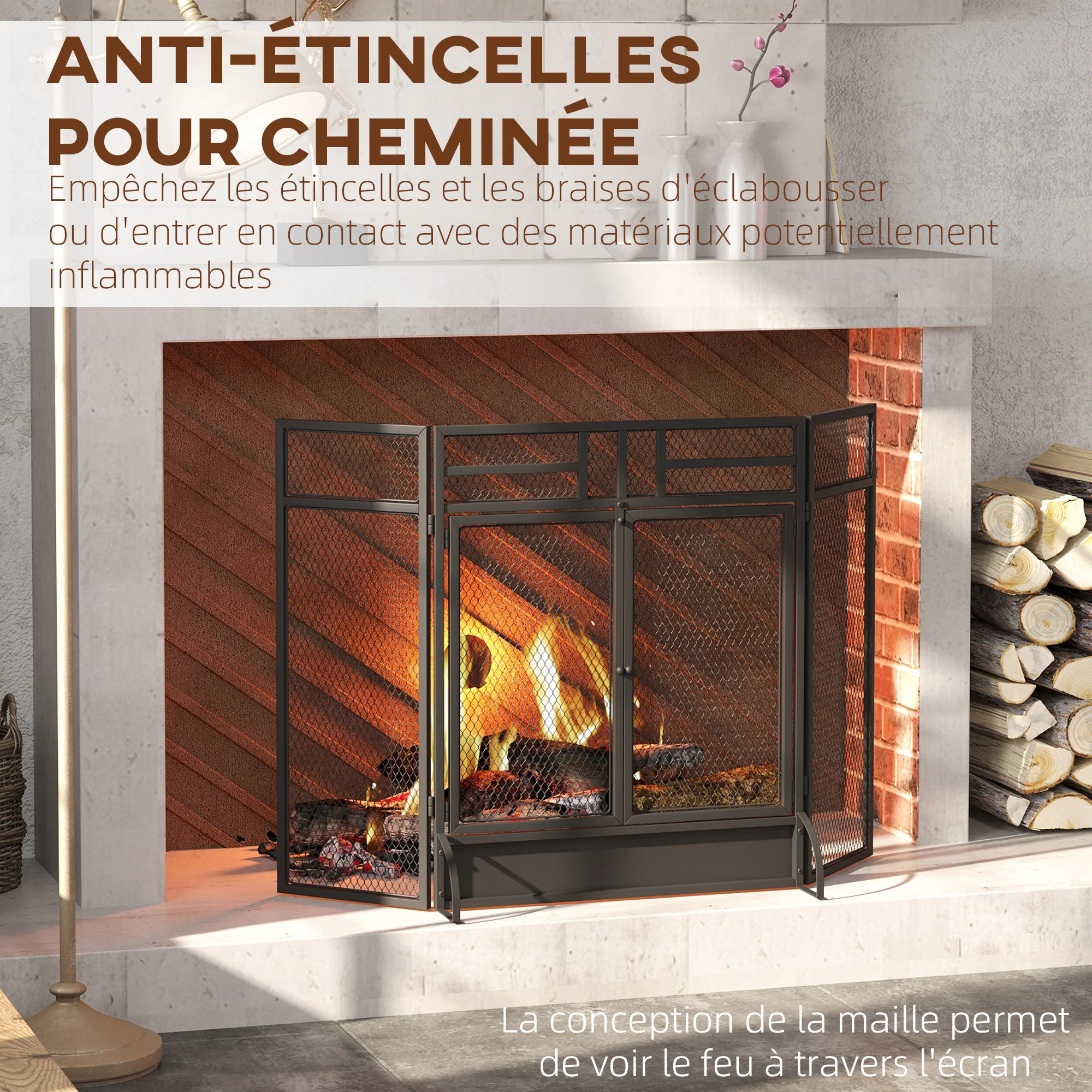 Pare-étincelles grille de protection pour cheminée - pare-feu barrière de sécurité - 3 volets pliables et porte - métal noir - Image 5