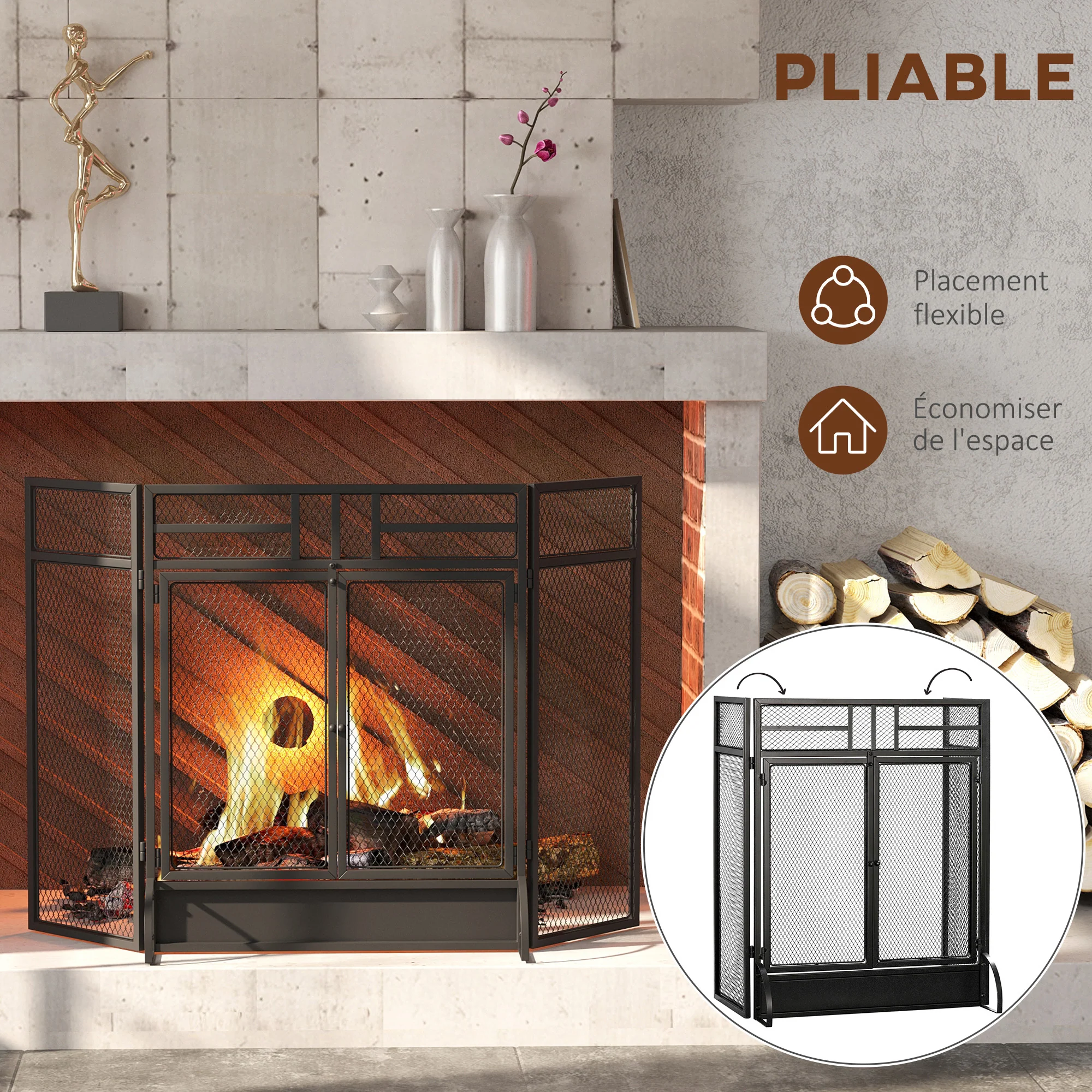 Pare-étincelles grille de protection pour cheminée - pare-feu barrière de sécurité - 3 volets pliables et porte - métal noir - Image 6