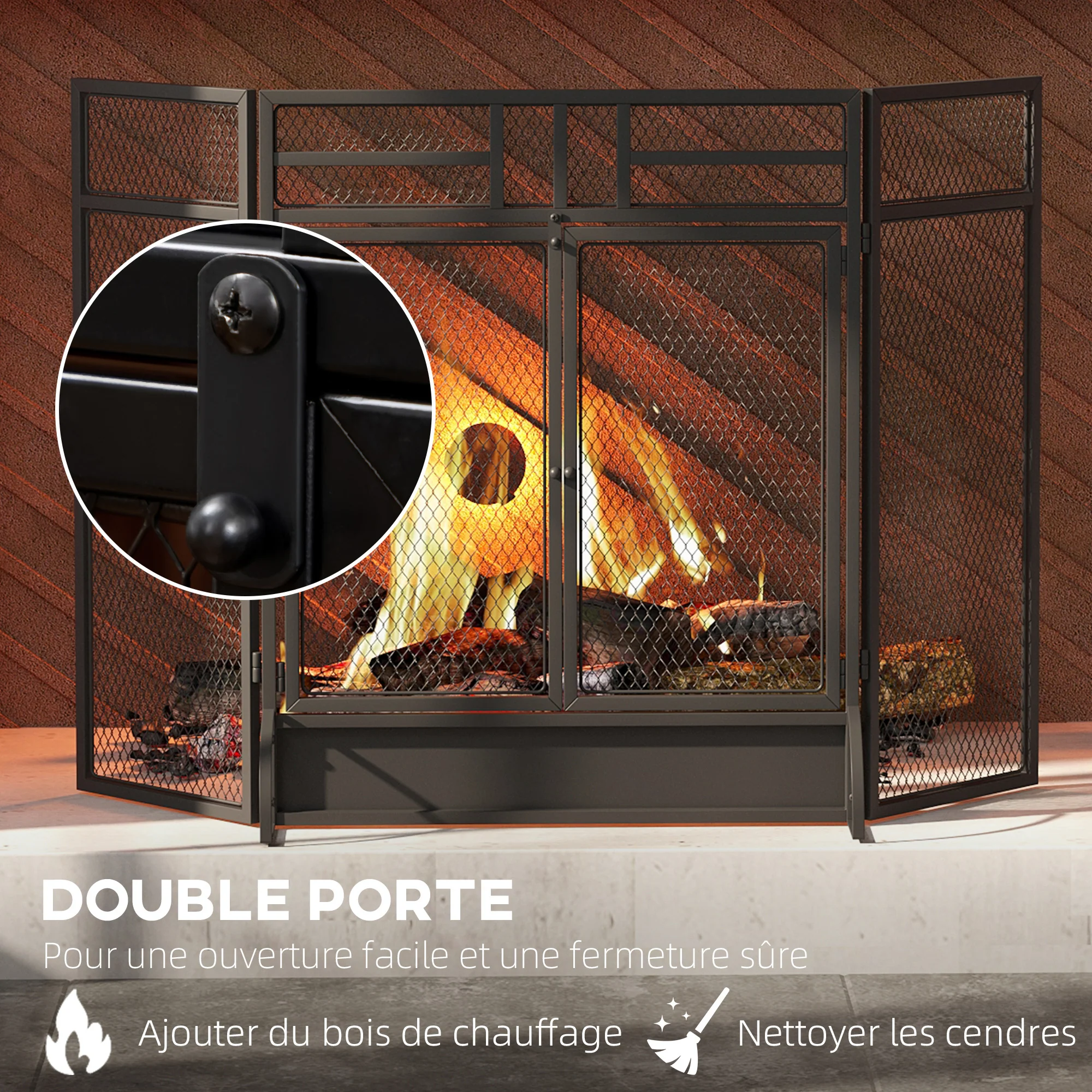Pare-étincelles grille de protection pour cheminée - pare-feu barrière de sécurité - 3 volets pliables et porte - métal noir - Image 7