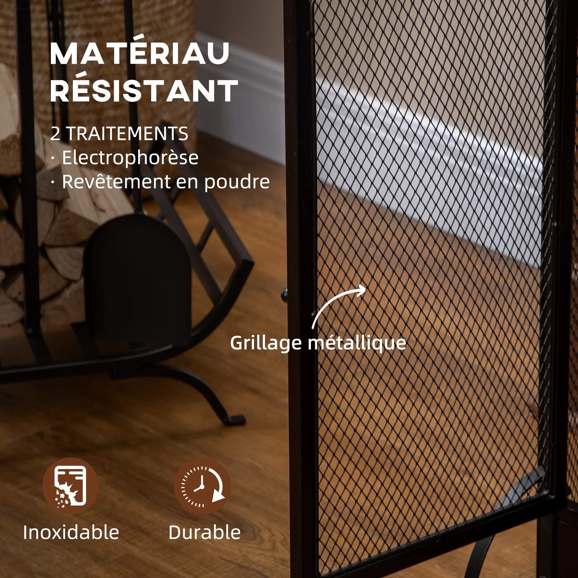 Pare-étincelles grille de protection pour cheminée - pare-feu barrière de sécurité - 3 volets pliables et porte - métal noir - Image 8