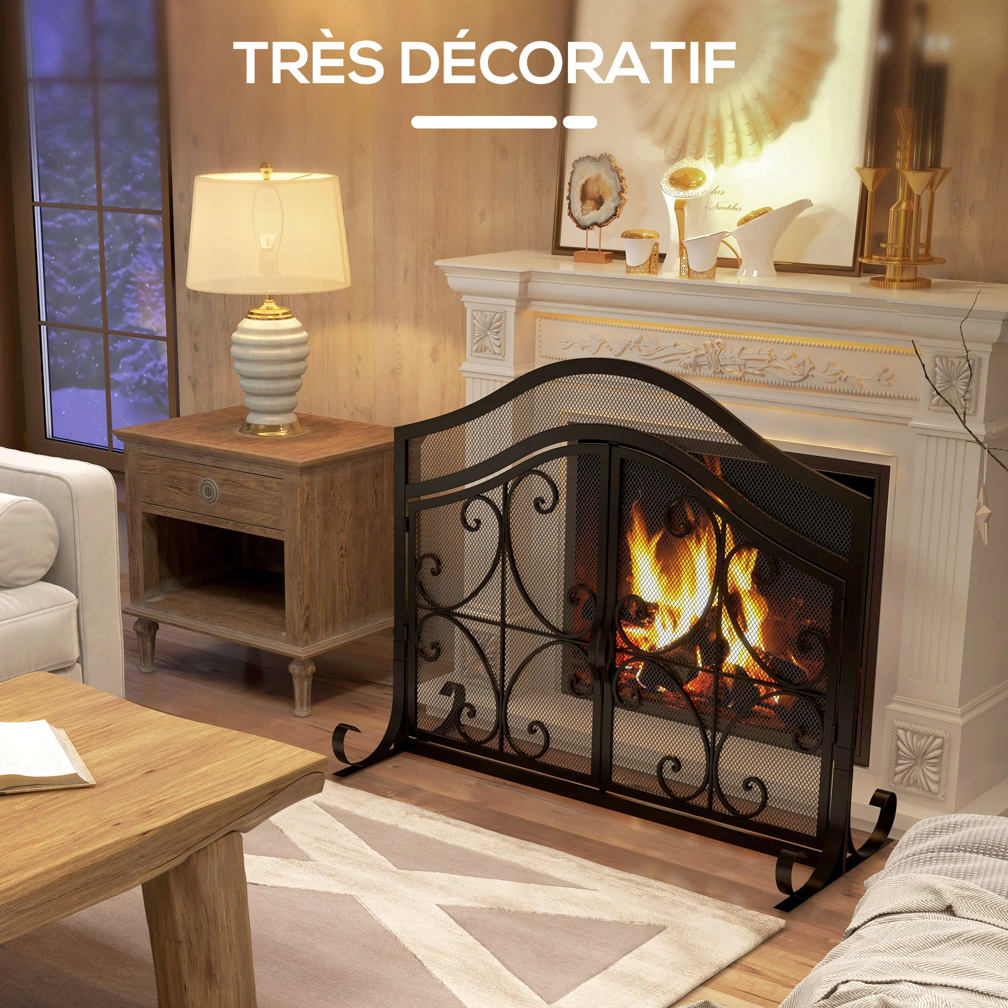 Pare-feu cheminée, grille de protection pour cheminée, panneau unique en maille d'acier, sommet arqué, serviteur cheminée avec double porte magnétiques, 105 x 40 x 80,5 cm, noir - Image 7