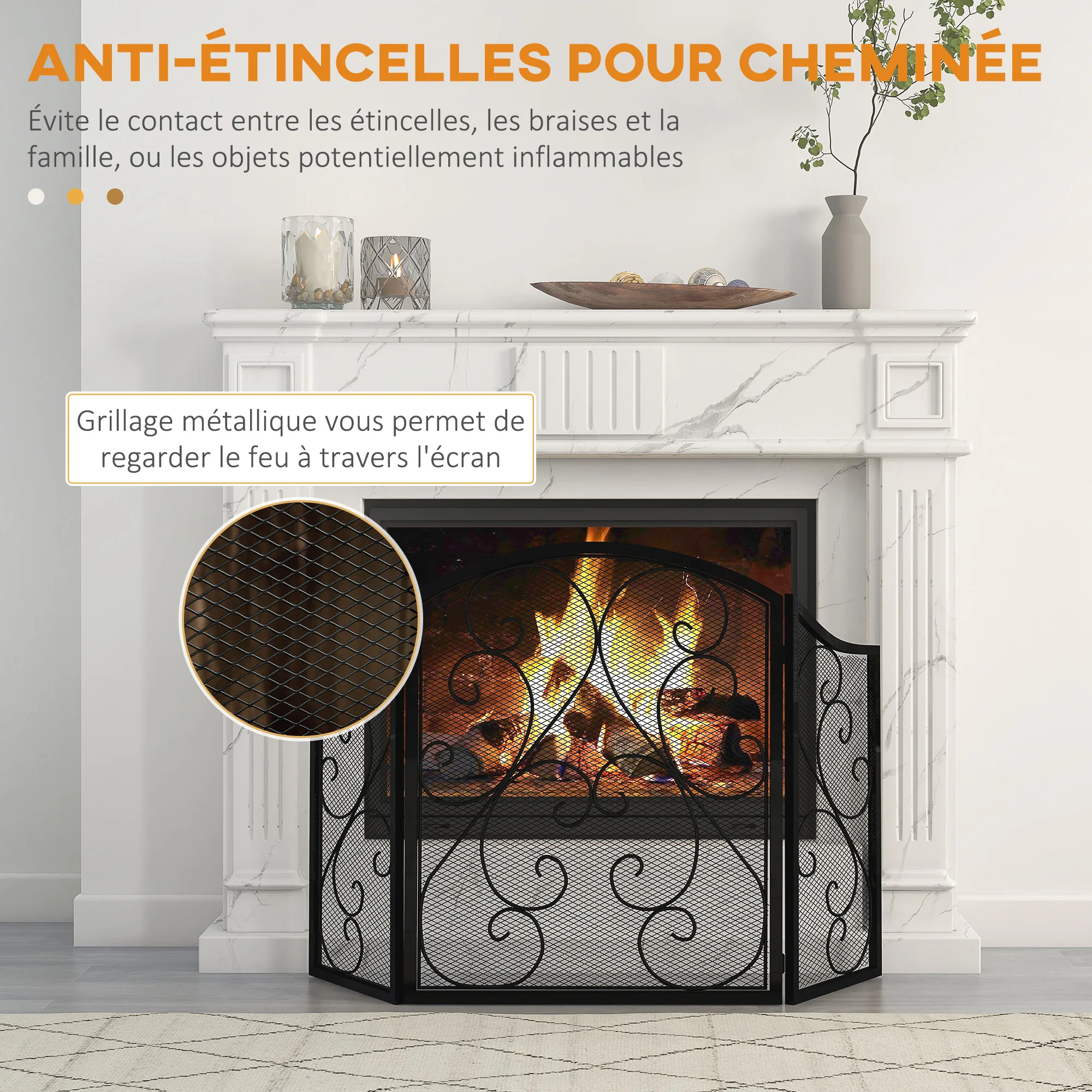 Pare-feu cheminée pare-étincelles 3 volets pliables grille de protection pour cheminée ou poêle - dim. 66 x 31 x 81 cm - métal noir - Image 5