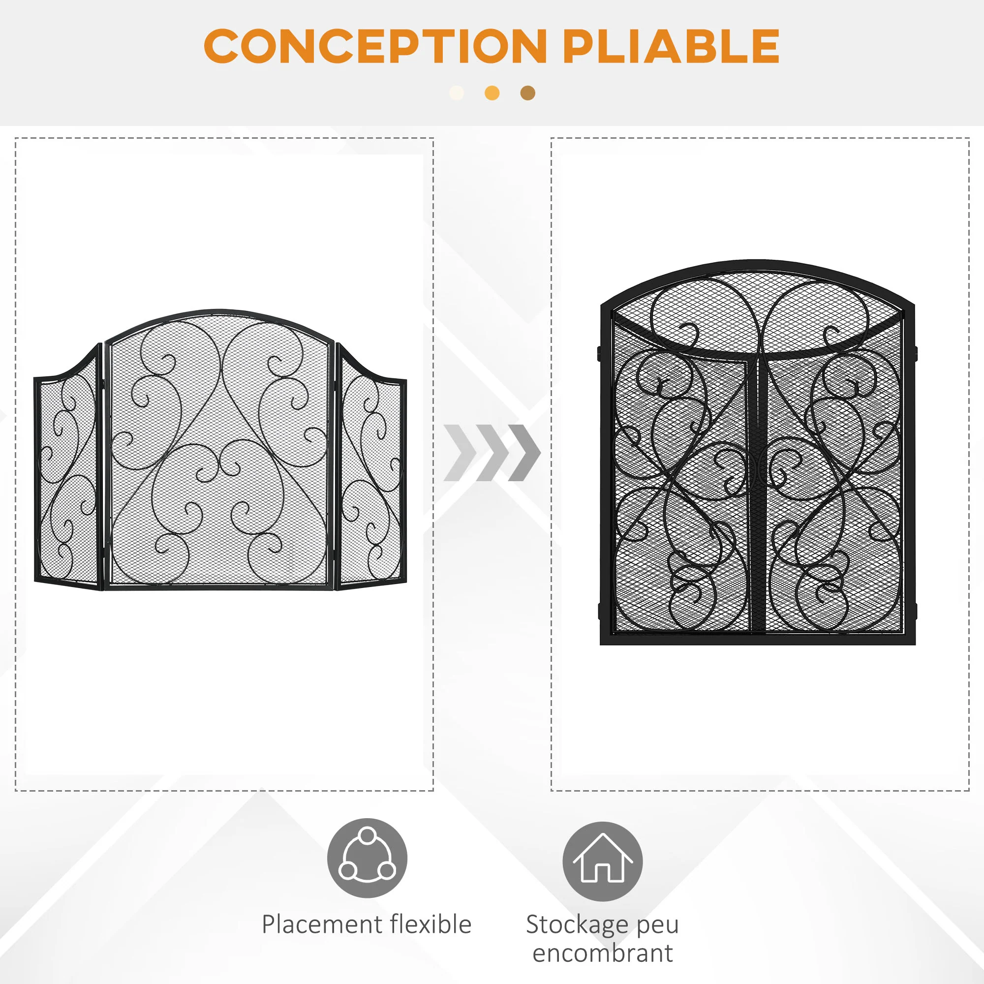 Pare-feu cheminée pare-étincelles 3 volets pliables grille de protection pour cheminée ou poêle - dim. 66 x 31 x 81 cm - métal noir - Image 6