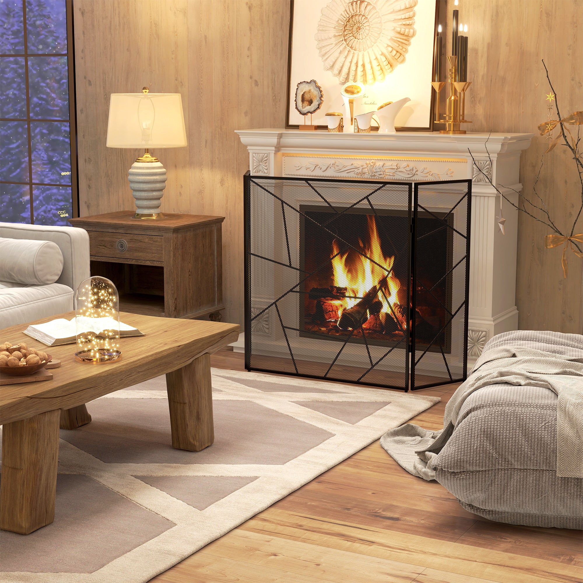 Pare feu cheminée pliable 3 panneaux, pare-étincelles cheminée, grille de protection cheminée en maille d'acier avec décor géométrique et pieds antidérapants, 135l x 1,2P x 85H cm, noir - Image 3
