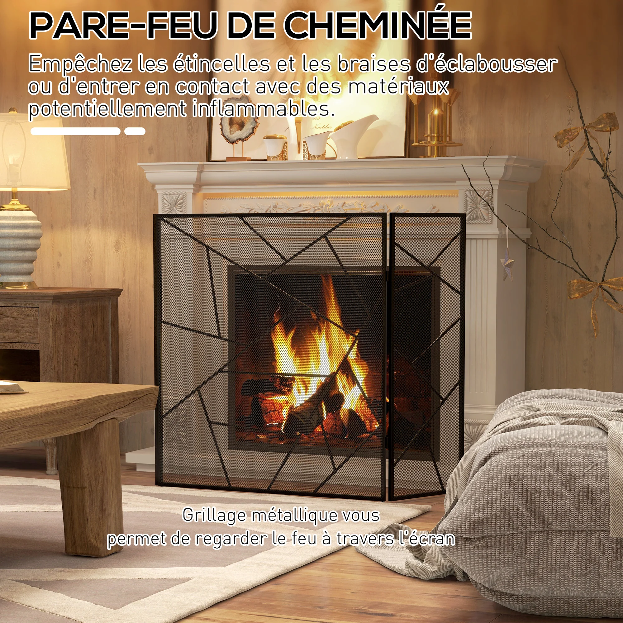 Pare feu cheminée pliable 3 panneaux, pare-étincelles cheminée, grille de protection cheminée en maille d'acier avec décor géométrique et pieds antidérapants, 135l x 1,2P x 85H cm, noir - Image 5