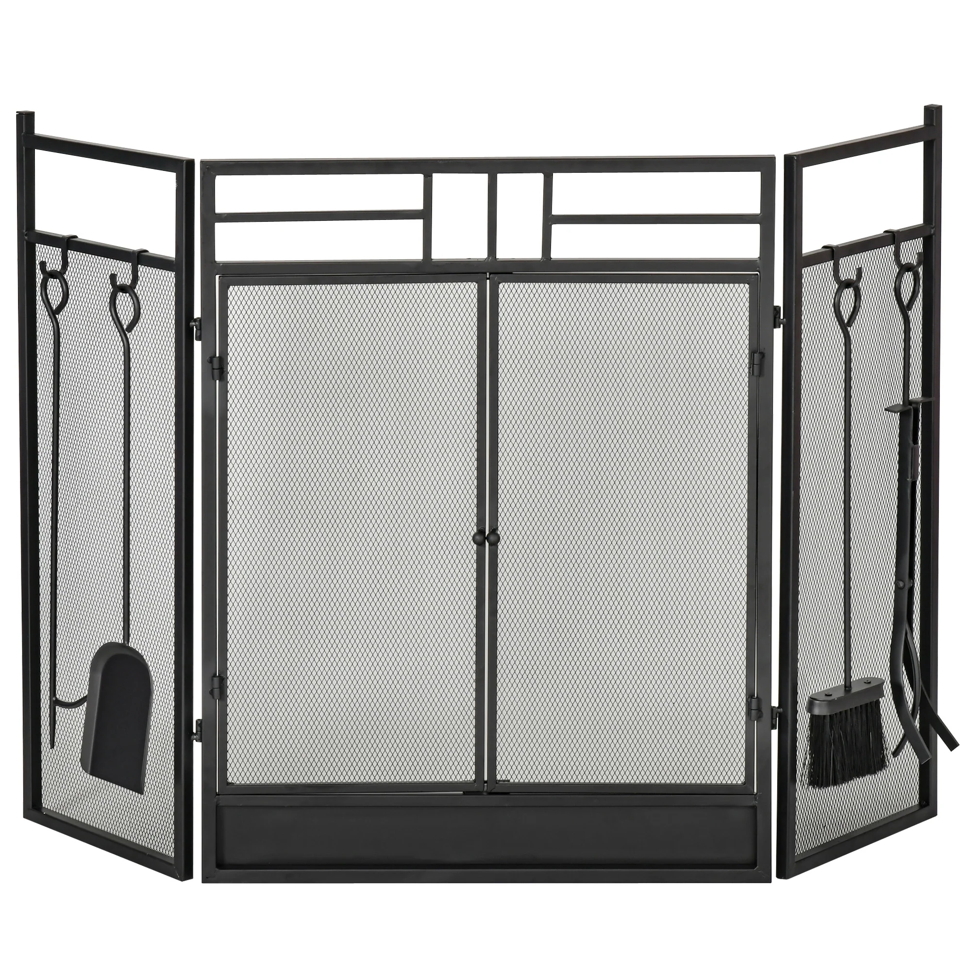 Pare-feu Large pour cheminée ou poêle - Pare-étincelles serviteur de cheminée 2 en 1 avec Accessoires - 3 Volets Pliables et Porte - Acier métal Noir - Image 2