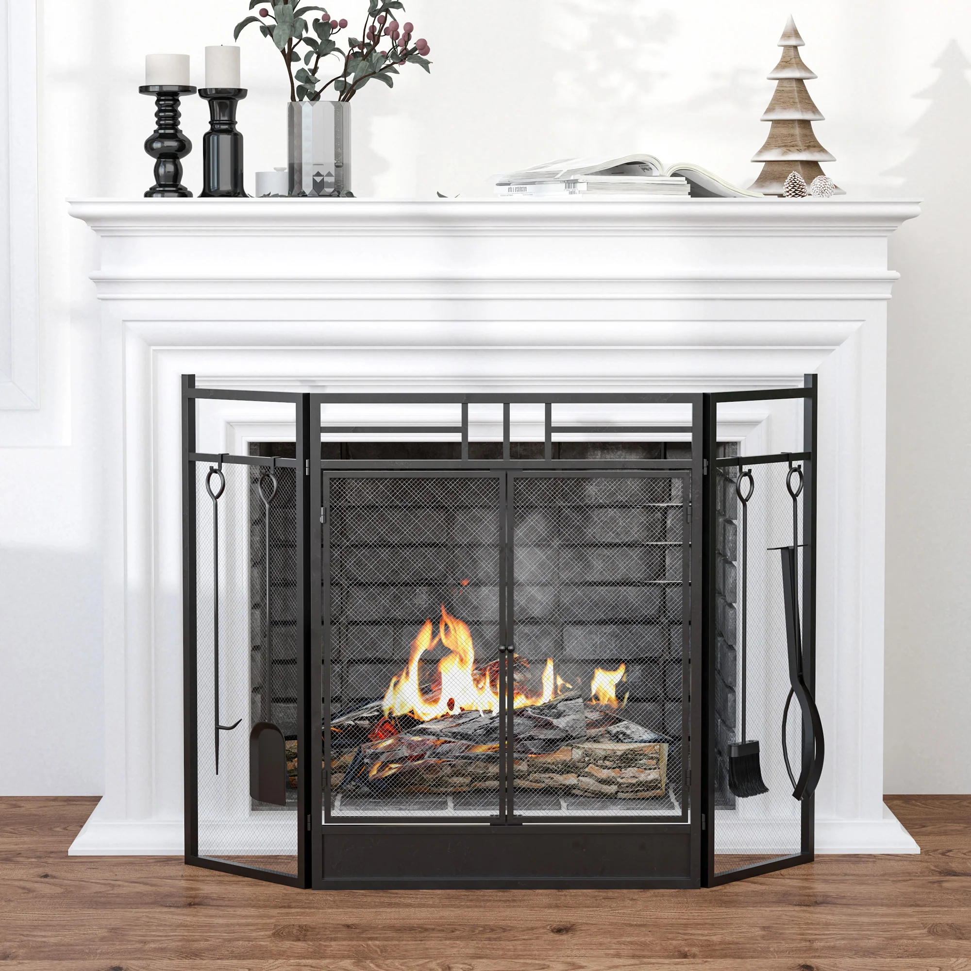 Pare-feu Large pour cheminée ou poêle - Pare-étincelles serviteur de cheminée 2 en 1 avec Accessoires - 3 Volets Pliables et Porte - Acier métal Noir - Image 3