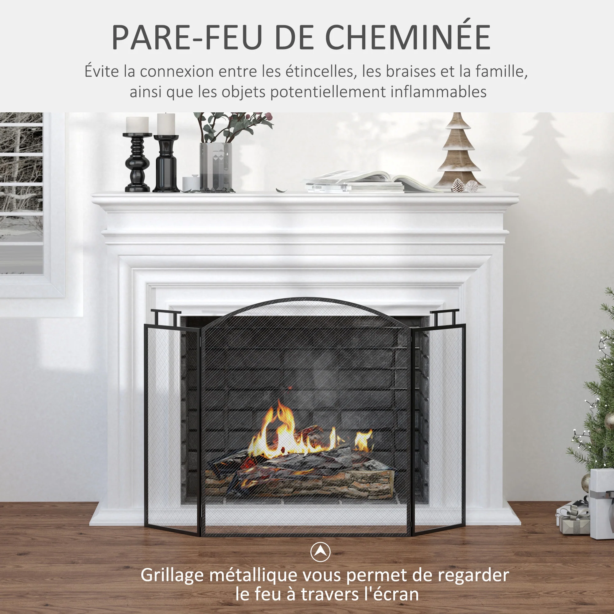 Pare-feu pour cheminée ou poêle - Pare-étincelles 3 Volets Pliables - dim. 110l x 24P x 76,5H cm - Acier métal Noir - Image 5