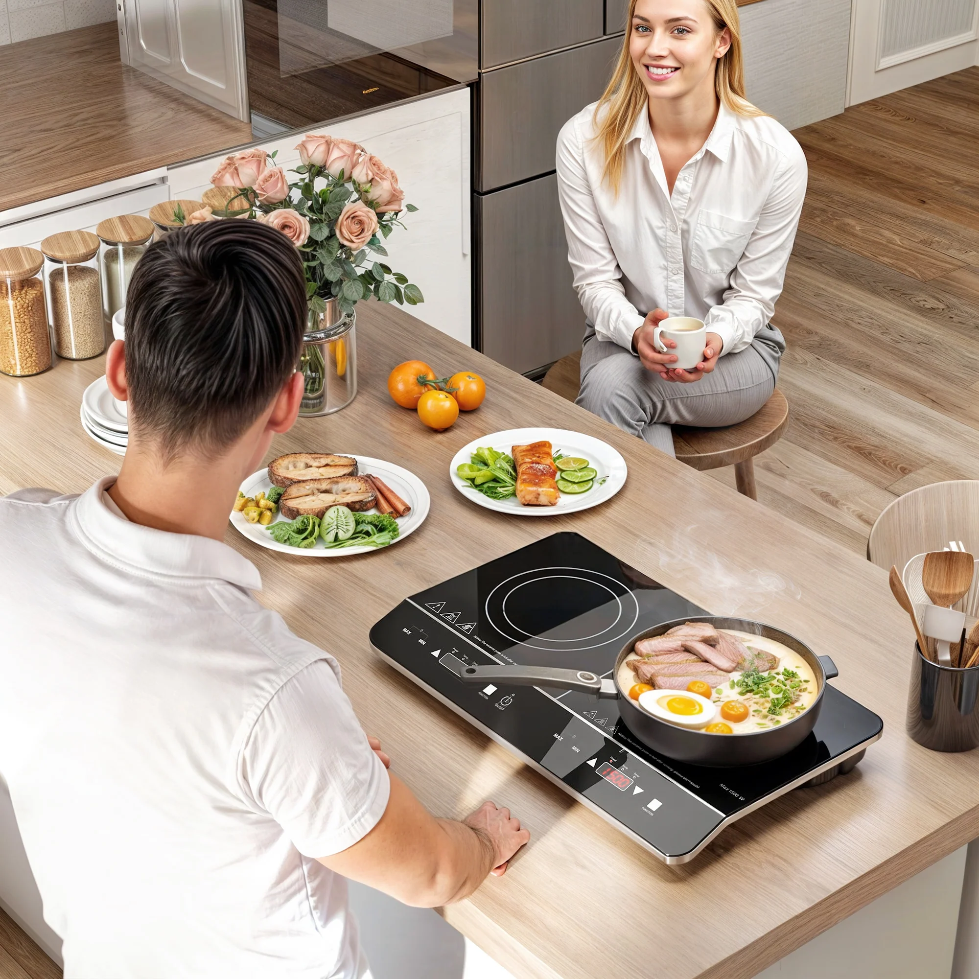 Plaque à induction portable 2 feux3500 W plaque de cuisson électrique avec 10 niveaux de température et 8 réglages de puissance, minuterie 3H, écran tactile LED, verrouillage enfant, noir - Image 3
