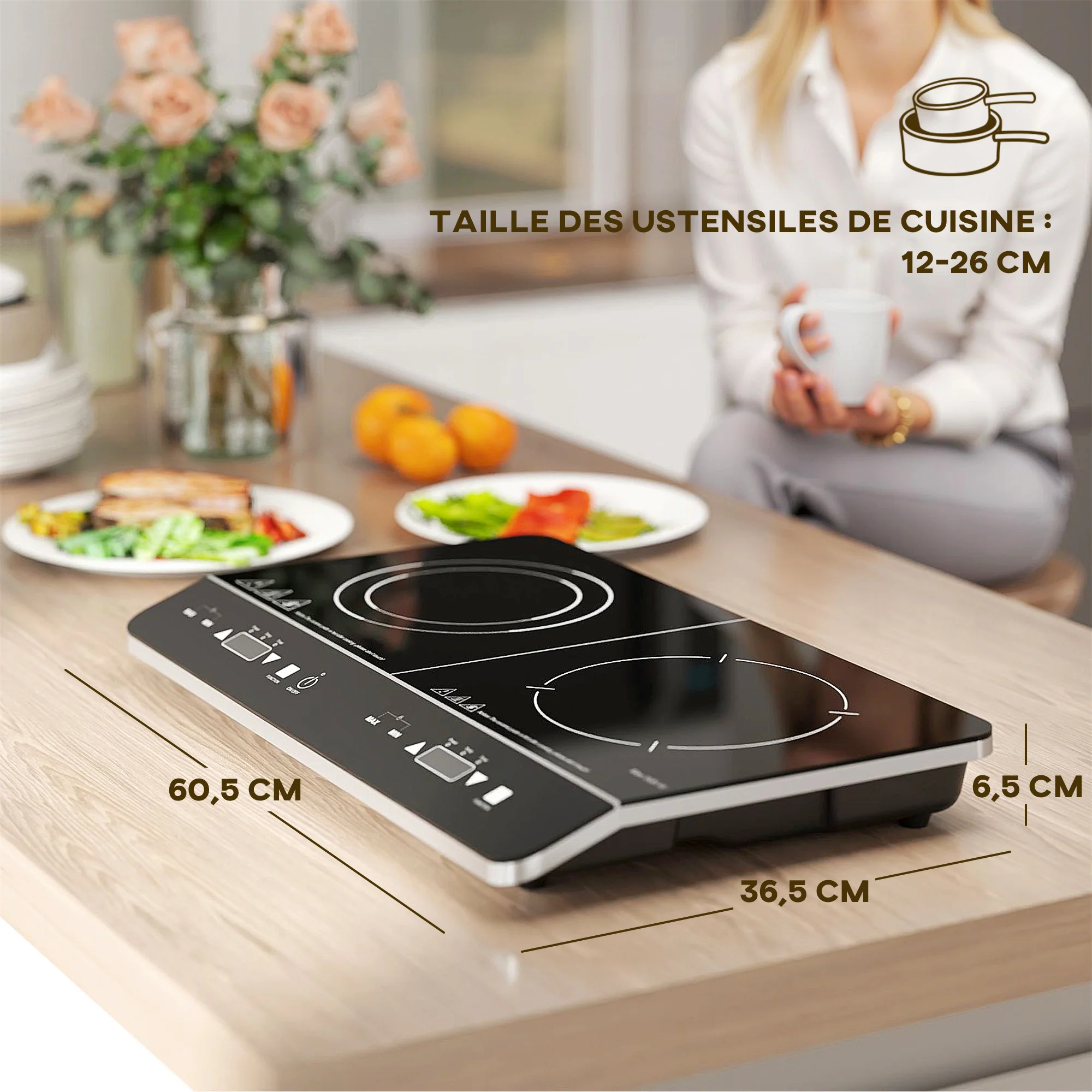 Plaque à induction portable 2 feux3500 W plaque de cuisson électrique avec 10 niveaux de température et 8 réglages de puissance, minuterie 3H, écran tactile LED, verrouillage enfant, noir - Image 4