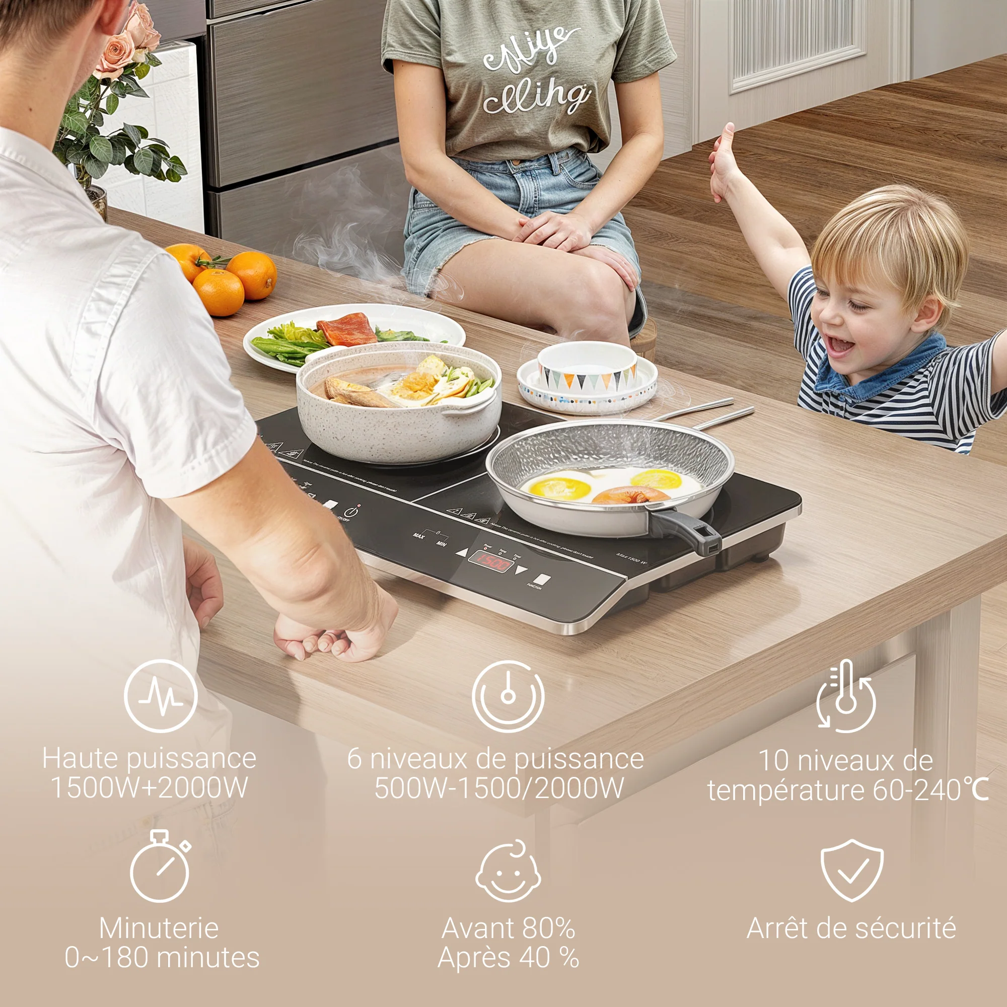 Plaque à induction portable 2 feux3500 W plaque de cuisson électrique avec 10 niveaux de température et 8 réglages de puissance, minuterie 3H, écran tactile LED, verrouillage enfant, noir - Image 5