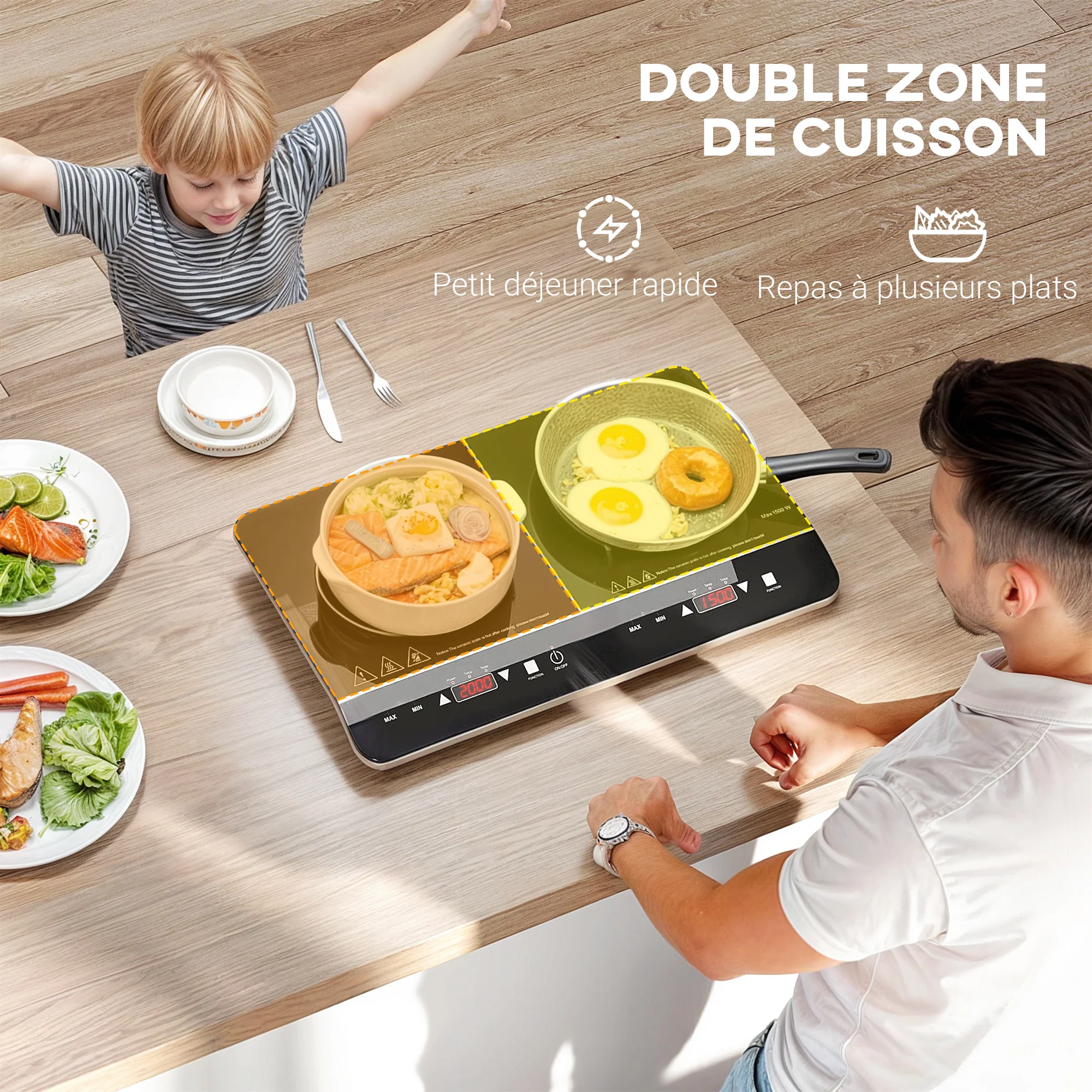 Plaque à induction portable 2 feux3500 W plaque de cuisson électrique avec 10 niveaux de température et 8 réglages de puissance, minuterie 3H, écran tactile LED, verrouillage enfant, noir - Image 6