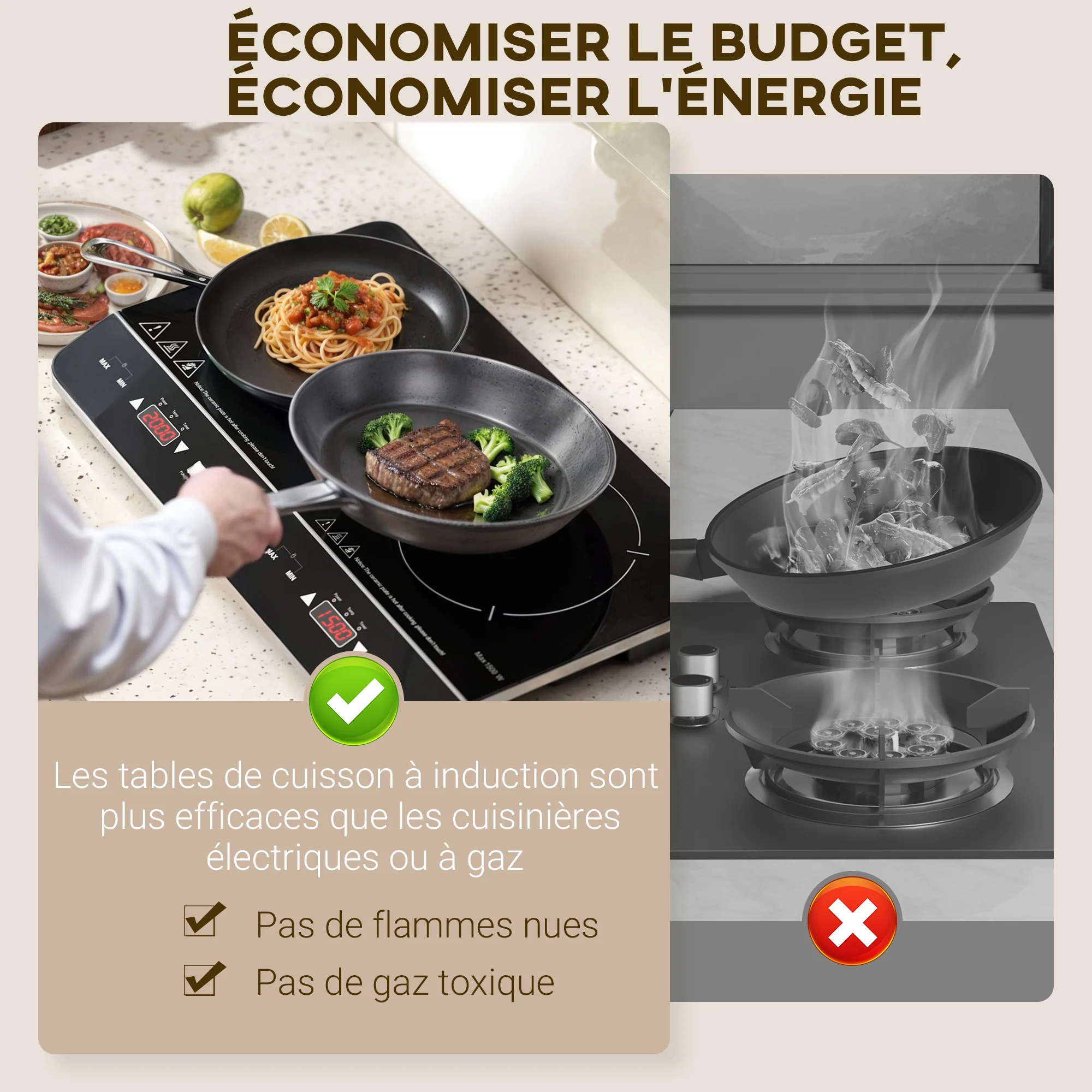 Plaque à induction portable 2 feux3500 W plaque de cuisson électrique avec 10 niveaux de température et 8 réglages de puissance, minuterie 3H, écran tactile LED, verrouillage enfant, noir - Image 7
