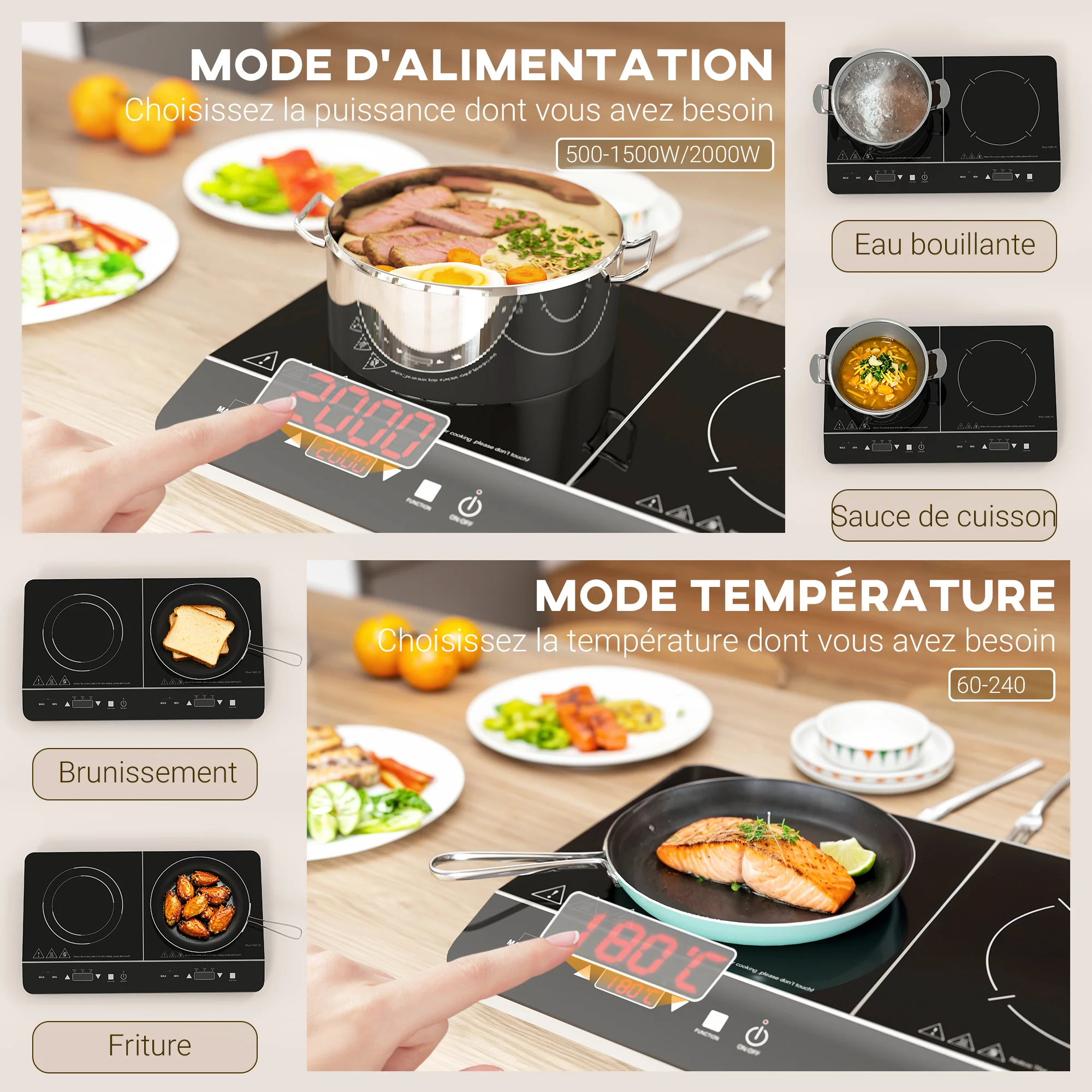 Plaque à induction portable 2 feux3500 W plaque de cuisson électrique avec 10 niveaux de température et 8 réglages de puissance, minuterie 3H, écran tactile LED, verrouillage enfant, noir - Image 9
