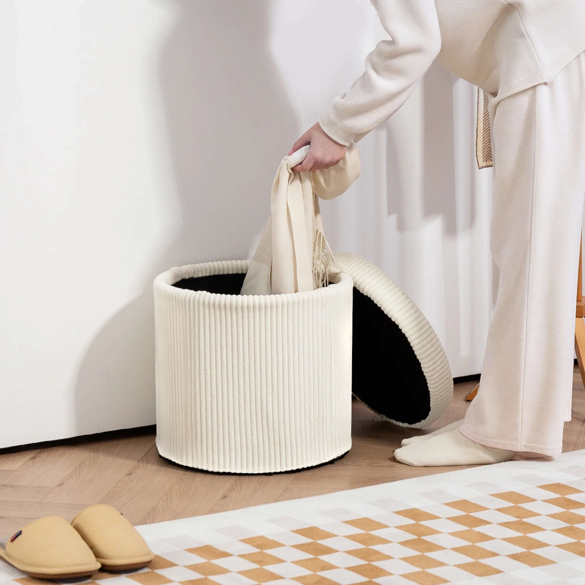 Pouf rangement 32 L pouf salon tabouret de coiffeuse en velours côtelé avec couvercle et pieds en acier, repose pied rond jusqu'à 120 kg, pour couloir, chambre, salon, beige - Image 10