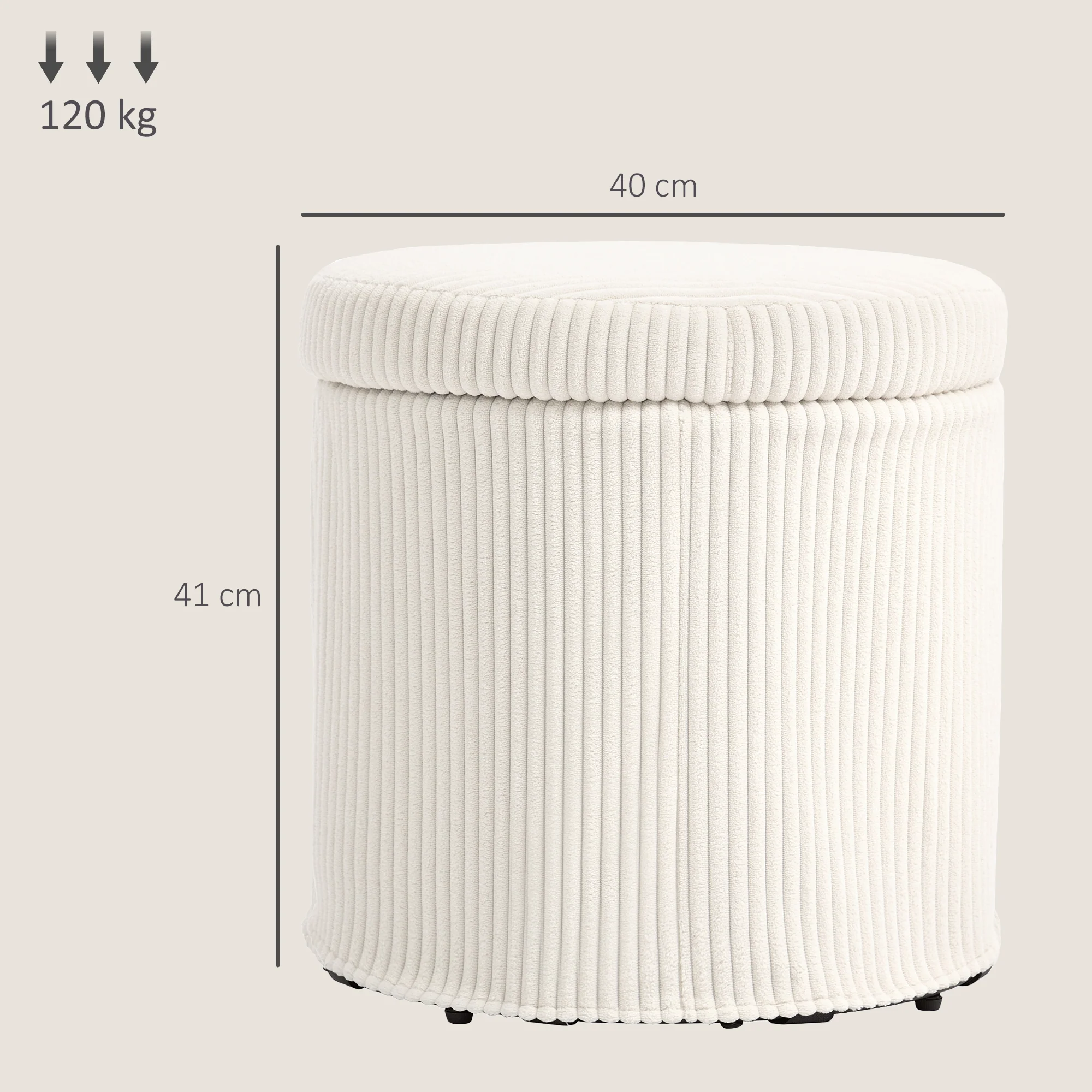 Pouf rangement 32 L pouf salon tabouret de coiffeuse en velours côtelé avec couvercle et pieds en acier, repose pied rond jusqu'à 120 kg, pour couloir, chambre, salon, beige - Image 4